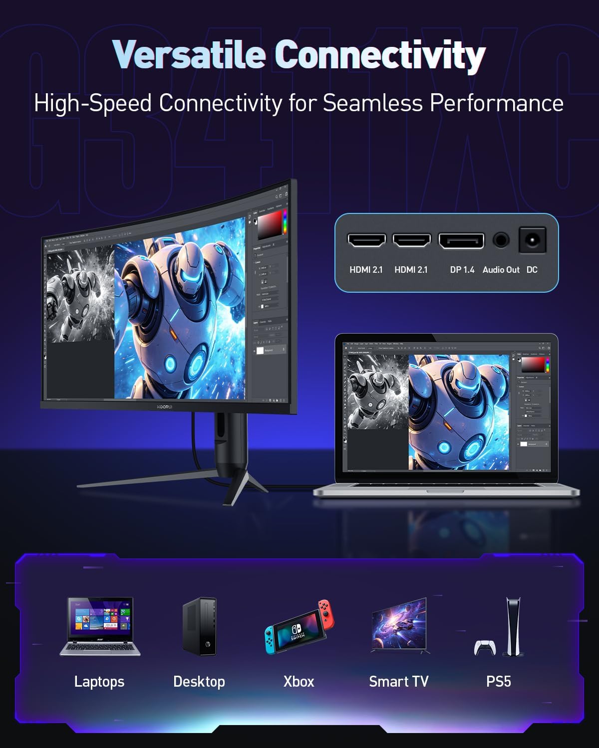 KOORUI 34' Ultrawide Curved Gaming Monitor, 240Hz, WQHD 3440×1440, 1500R Immersive Display, Adaptive Sync, 1ms, DIC-P3 98%, HDR400, HDMI 2.1/DP 1.4, VESA, for PC Gaming, Work & Play