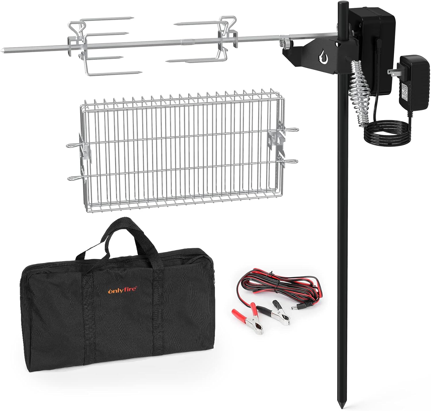 only fire Outdoor Open Flame Camping Grill, Campfire Cooking Accessories, Cooking over Any Grill or Fire - Include Motor, Power Adapter, Car Charging Cable and Bag