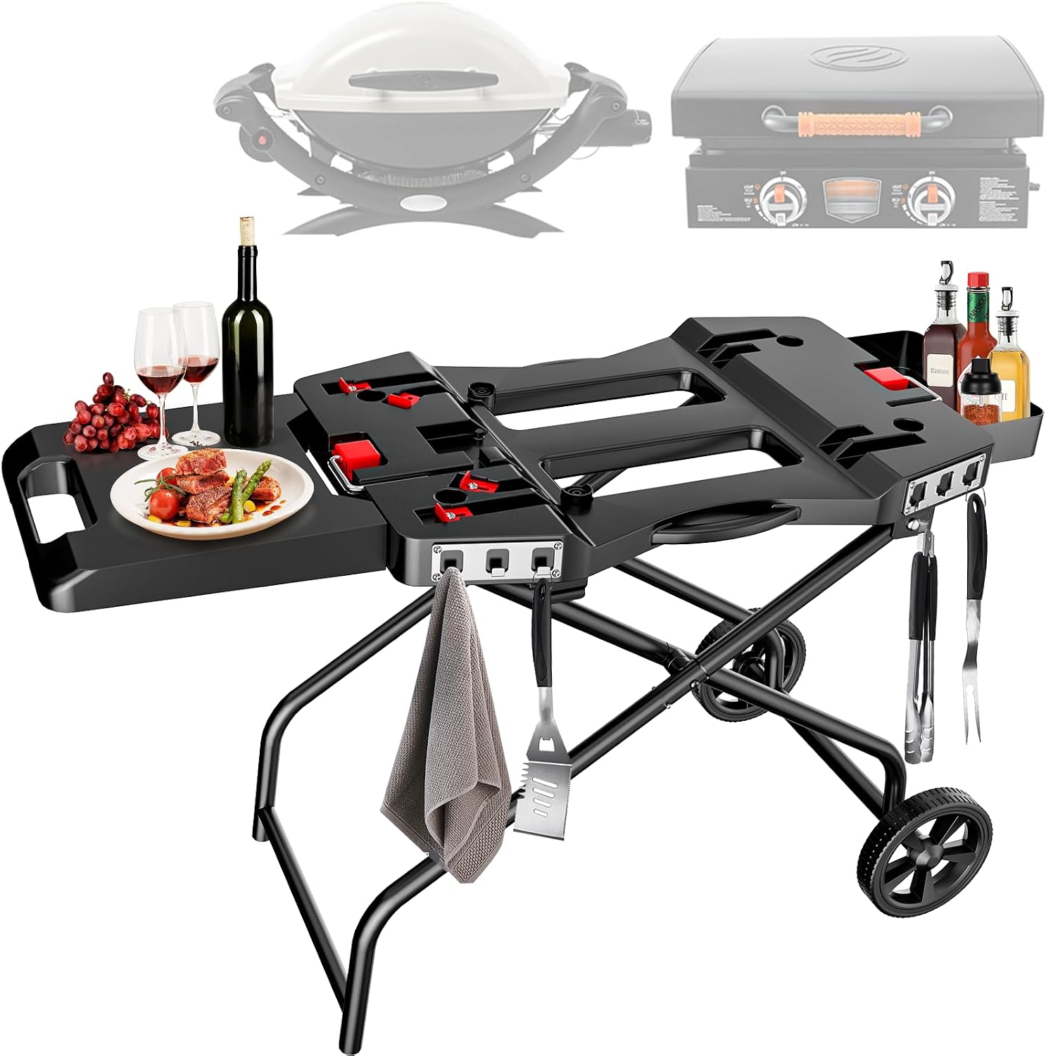 Hisencn Grill Stand for Weber Q1200, Q1000, Q2200, Q2400 Portable Grill Cart for Blackstone 17'& 22' Table Top Griddles, Outdoor BBQ Stand for Weber Q Series Gas Grills, for Travel and Camping