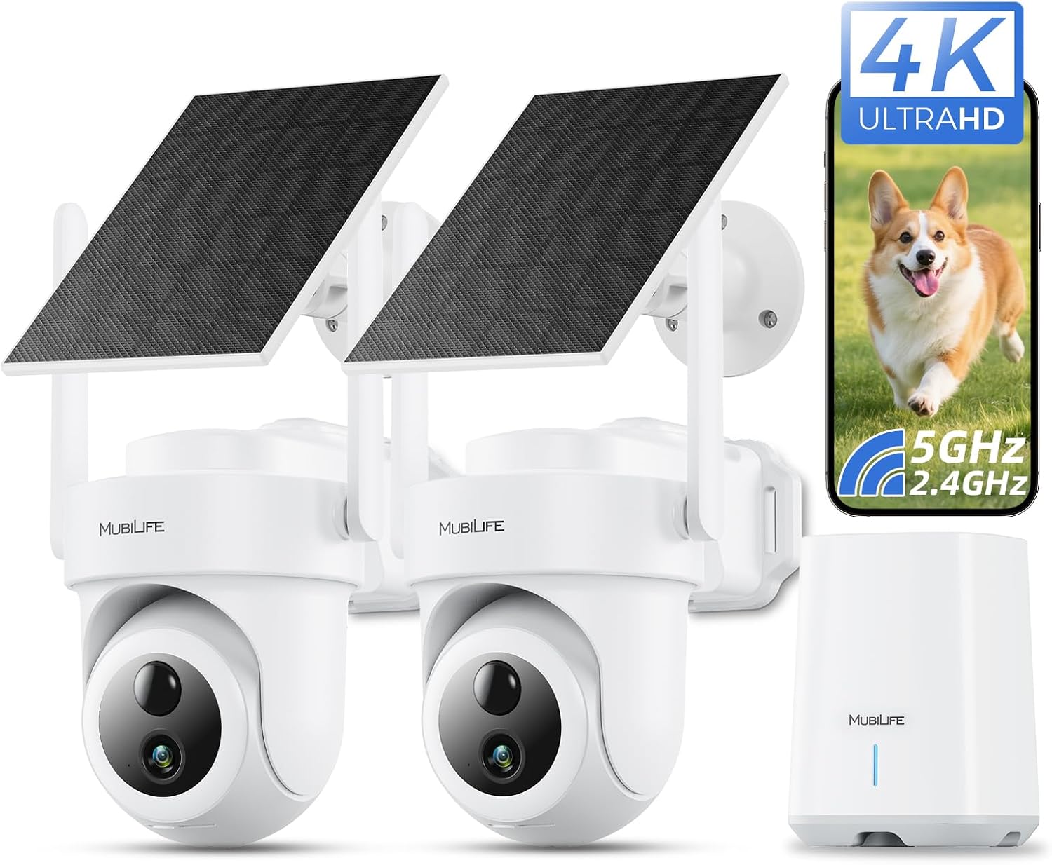 MUBILIFE 4K Security Cameras Wireless Outdoor, No Subscription, 8MP Solar Powered Cameras for Home Security, 64GB Local Storage, AI Auto Tracking, Color Night Vision, 2.4&5GHz WiFi, 2-Cam Kit