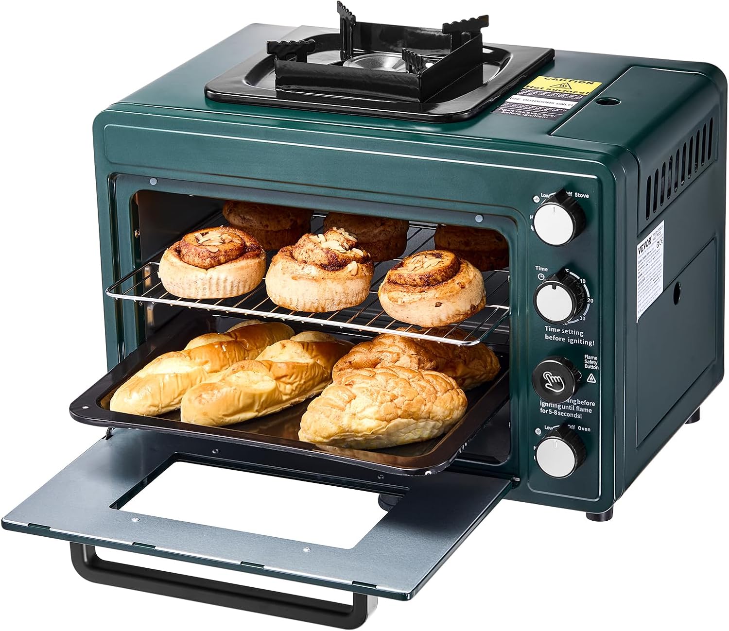VEVOR Outdoor Camping Oven, 2-in-1 Portable Gas Camping Stove Oven Combo, Adjustable Fire, 60-Minute Timer, Windproof, for Camping Backyard Picnic Outdoor Cooking, Universal Butane Canister Compatible