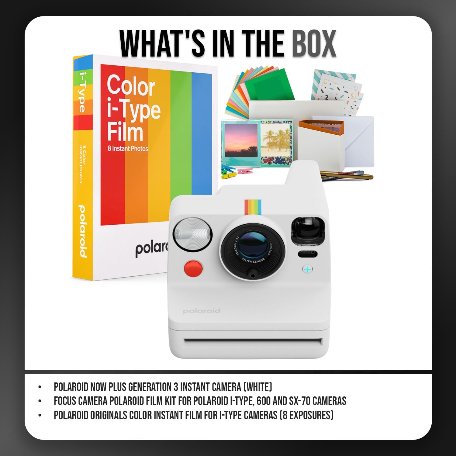 Polaroid Now Plus Generation 3 Instant Camera with Two-Lens Autofocus System and Manual Mode (White) Bundle with Polaroid Film Kit and Color Instant Film for i-Type Cameras (8 Exposures) (3 Items)