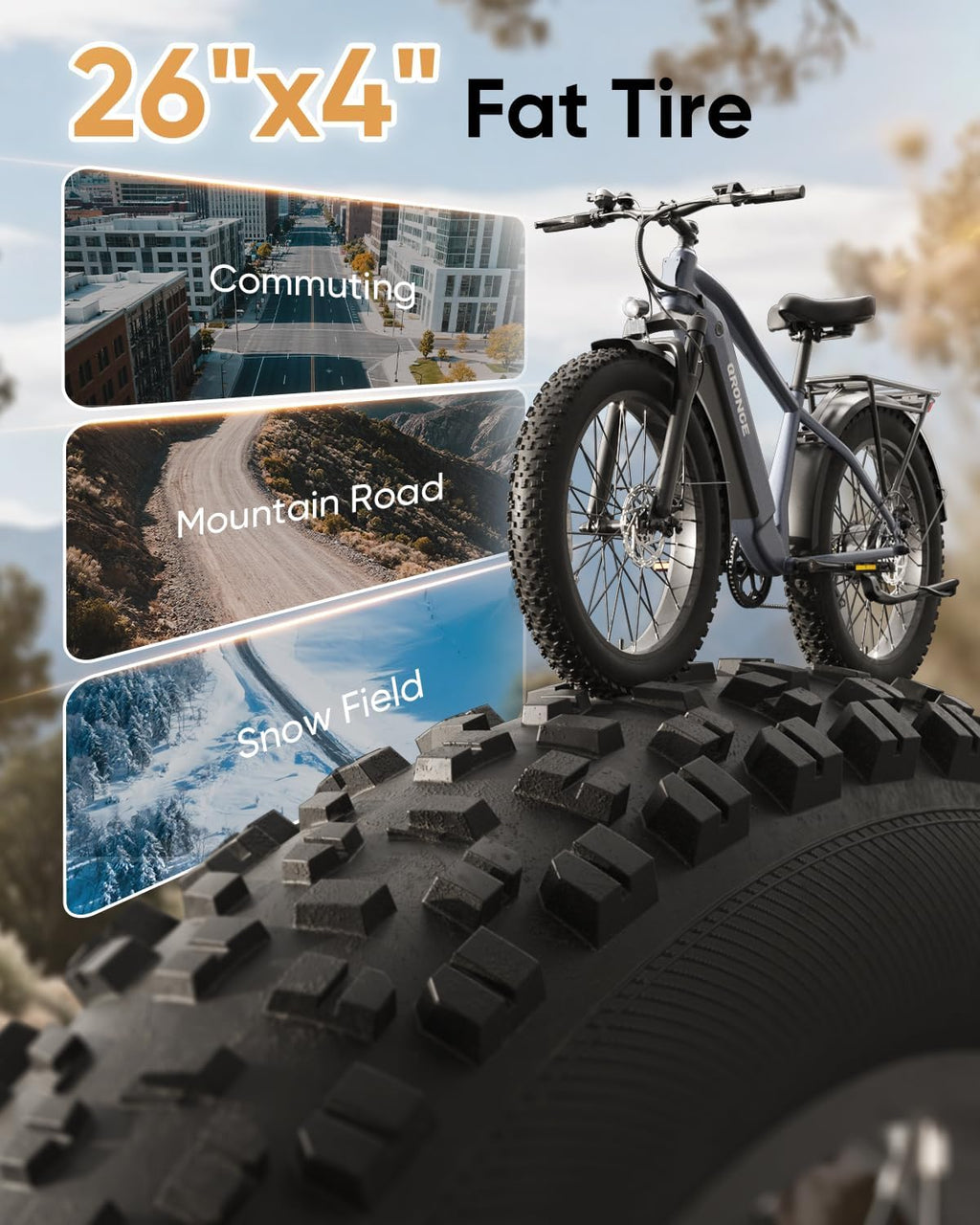 QRONGE Electric Bike for Adults 1800W Peak, 26' Fat Tire Ebike, Adult Electric Bicycles, 28MPH(PAS Mode) Electric Mountain E Bike, Up to 70 Miles, 7 Speed, Fenders, Rear Rack