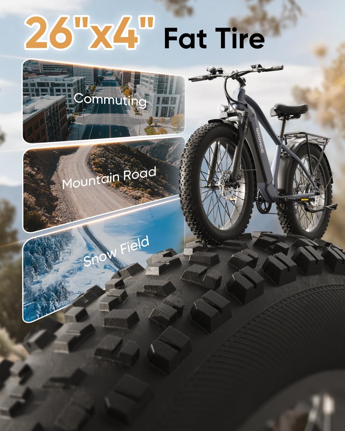 QRONGE Electric Bike for Adults 1800W Peak, 26' Fat Tire Ebike, Adult Electric Bicycles, 28MPH(PAS Mode) Electric Mountain E Bike, Up to 70 Miles, 7 Speed, Fenders, Rear Rack