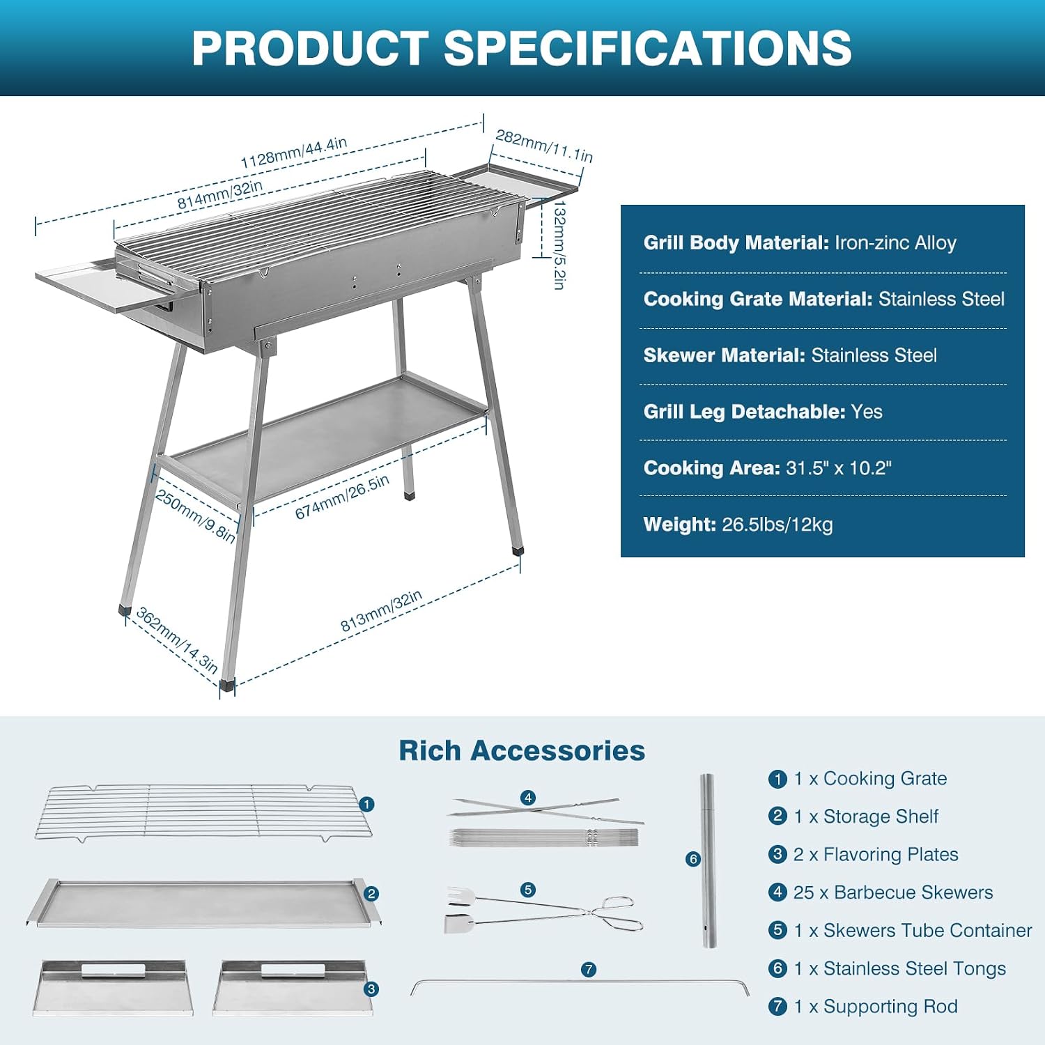 IRONWALLS Portable Charcoal Grill Outdoor Cooking, 32'L x 10'W Folded Camping Barbecue Grill with Storage Shelf, Metal Kebab Skewers, Rectangular Lamb Skewer Grill for Backyard Party Picnic Travel