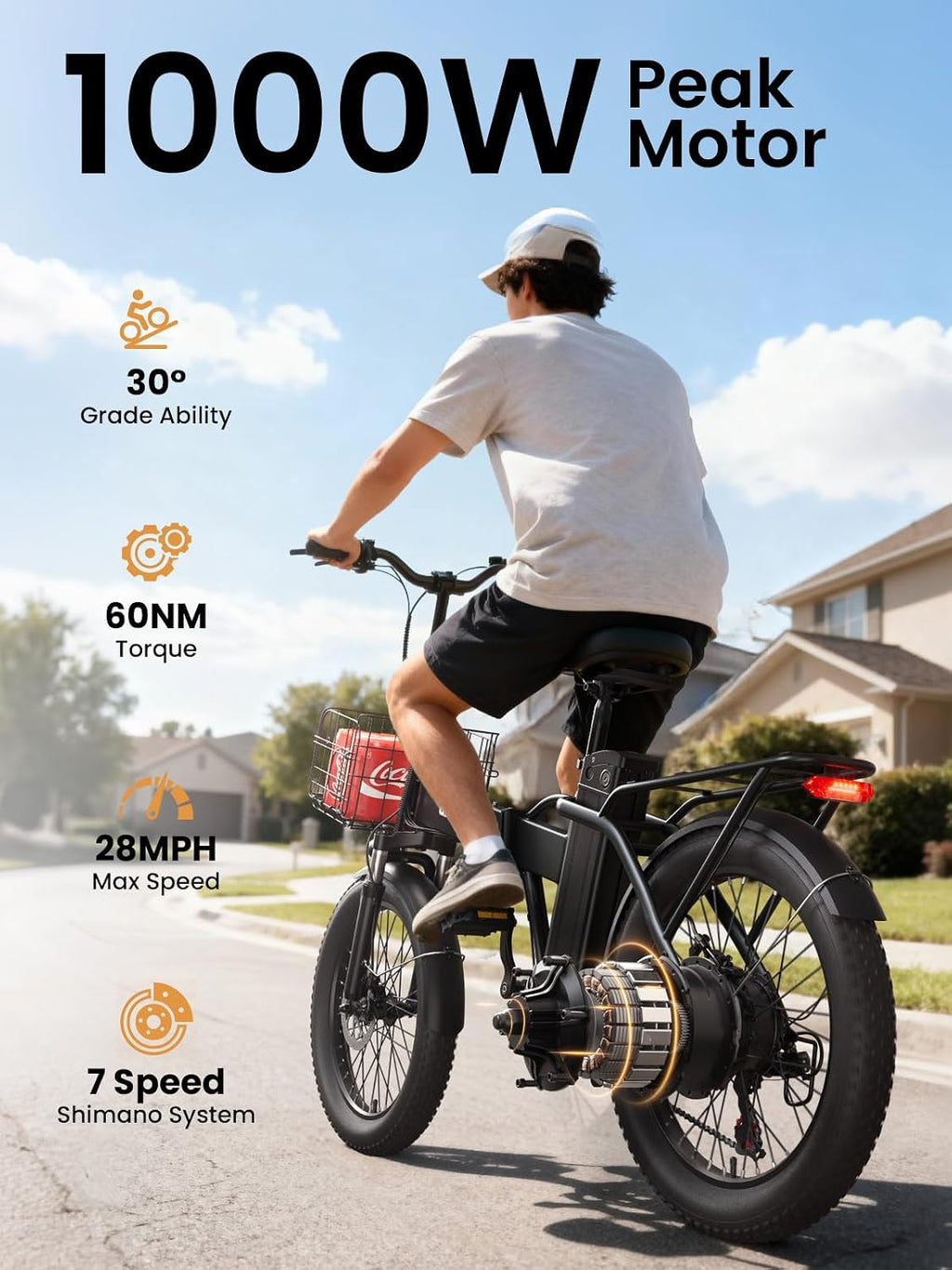 QRONGE Folding Electric Bike, E-Bike Foldable 1000W Peak, 48V 13.5AH Removable Battery Ebike, 20' Fat Tire, 70 Max Miles Range, 28maxMPH, Electric Bike for Adults, Adult Electric Bicycles for Commute