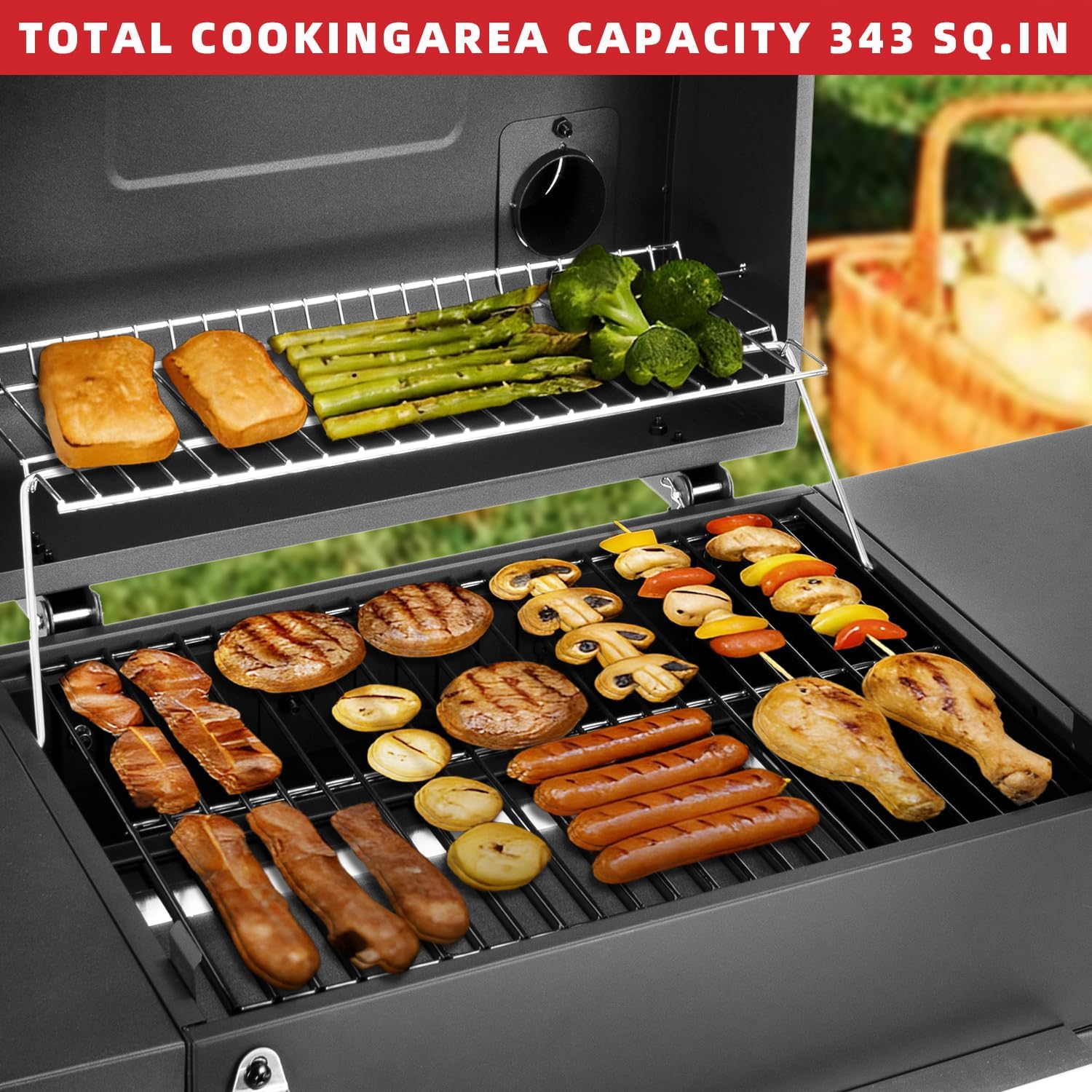 Kendane Charcoal Grill with Side Shelf, 353 Sq.Inch Cooking Area,Large Smoker Barbecue Grill with Warming Rack,Outdoor BBQ Grill with Charcoal Tray for Yard, Camping, Picnic