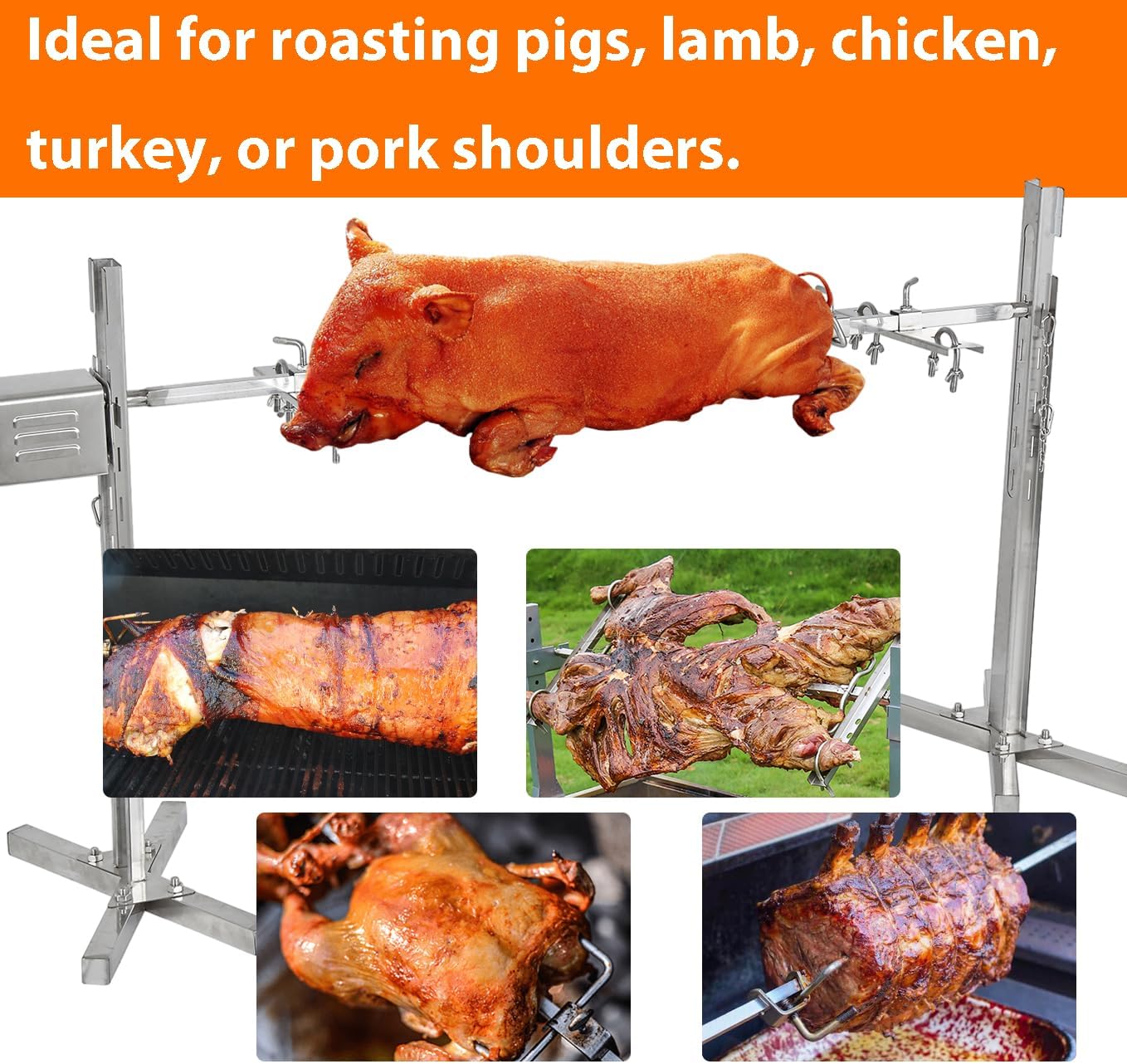 iMeshbean Electric BBQ Rotisserie Grill Kit, 260LB Pig Spit Rotisserie Grill, Stainless Steel Pig Rotisserie Kit with 45W Powerful Motor, 50' Spit Rod, Adjustable Height