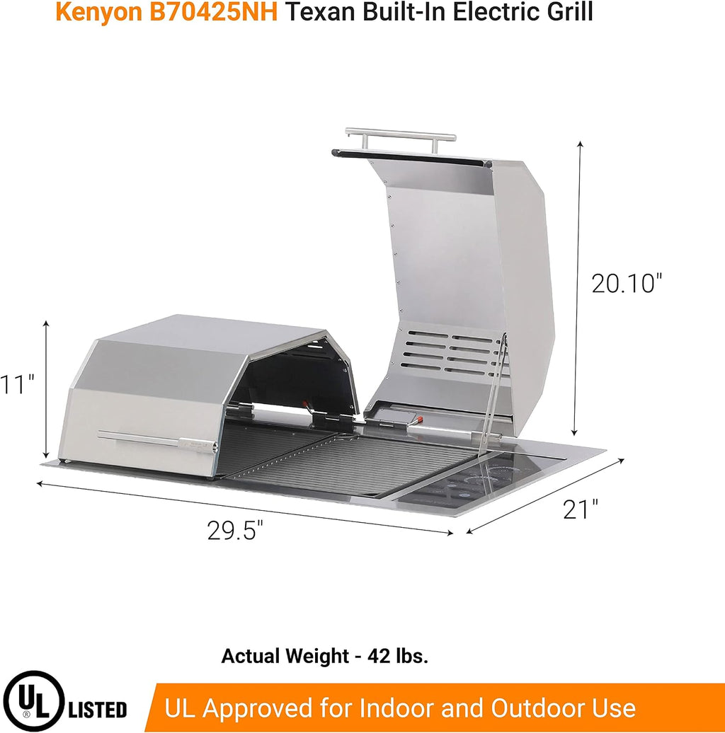 Kenyon Texan Built-In Electric Grill With 2 Burners And IntelliKEN Touch Control, Stainless Steel Body, Rust-Proof Grill, UL-Approved For Indoor And Outdoor Use, Dishwasher Safe Grates, 240V
