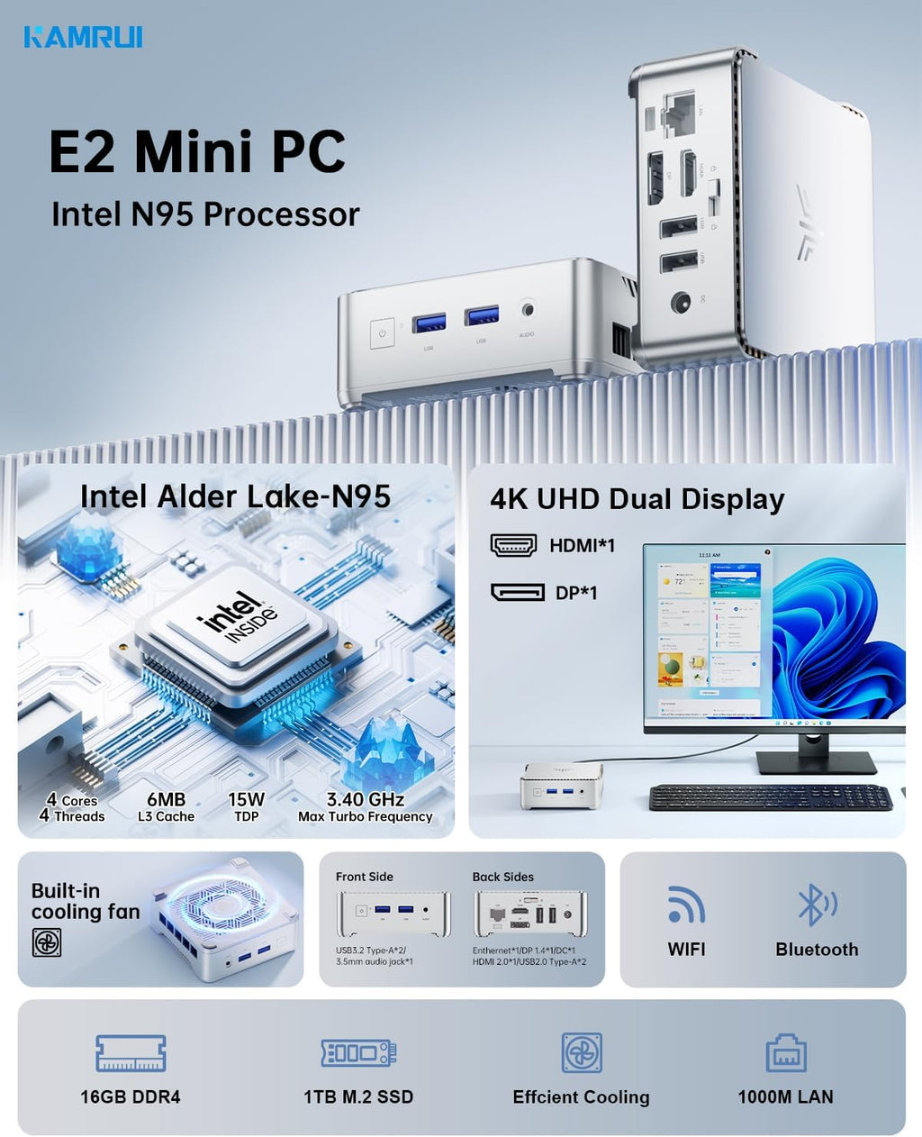 KAMRUI Essenx E2 N95 Mini PC, 16GB DDR4 1TB SSD Mini Computers, Alder Lake-N N95(Beat N100,up to 3.4GHz) Mini Desktop Computers, HDMI+DP1.4 Dual 4K UHD,Gigabit Ethernet,WiFi,BT/Home/Office Micro PC