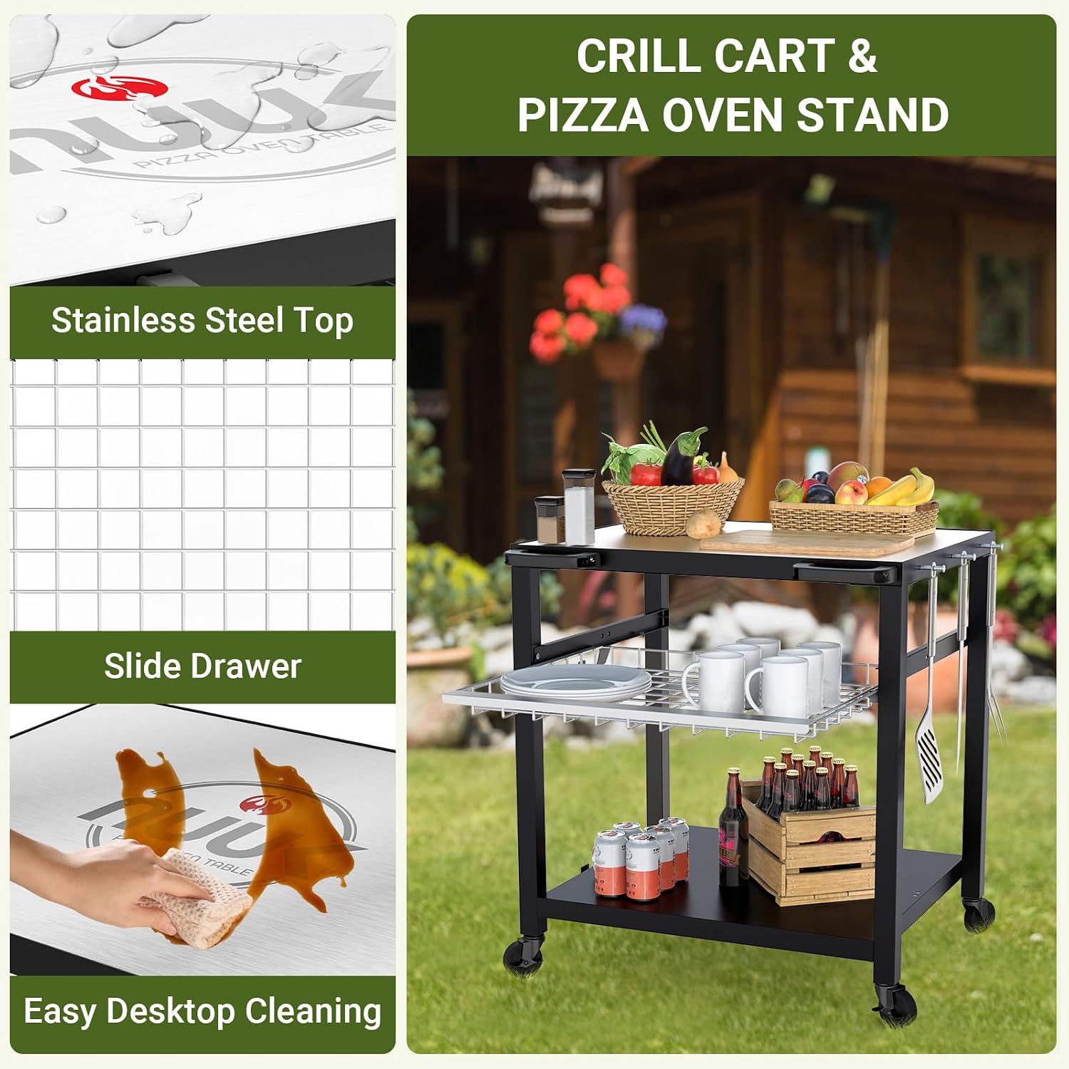 NUUK Grill Cart 30'x24' Pizza Oven Table for Outdoor 3-Shelf with Stainless Steel Top and Sliding Drawer BBQ Grilling Carts Outside Serving Prep Tables Indoor Stand