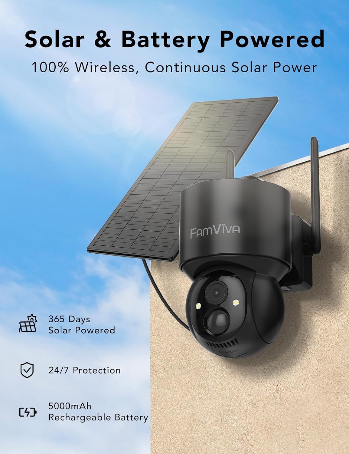 2K Solar Security Cameras Wireless Outdoor, 360°PTZ Battery Powered Cameras for Home Security, 2.4G WiFi Outdoor Camera with Color Night Vision, IP66 Waterproof, Motion Sensor Alarm, Black-4P