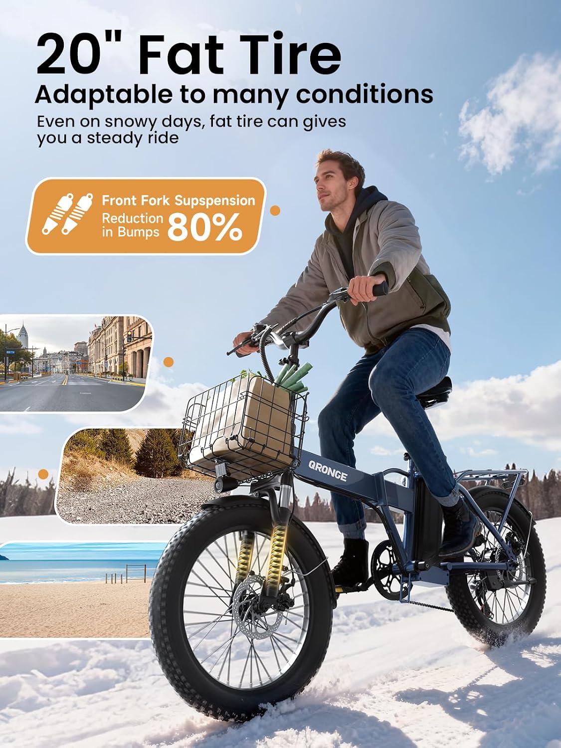 QRONGE Folding Electric Bike, E-Bike Foldable 1000W Peak, 48V 13.5AH Removable Battery Ebike, 20' Fat Tire, 70 Max Miles Range, 28maxMPH, Electric Bike for Adults, Adult Electric Bicycles for Commute