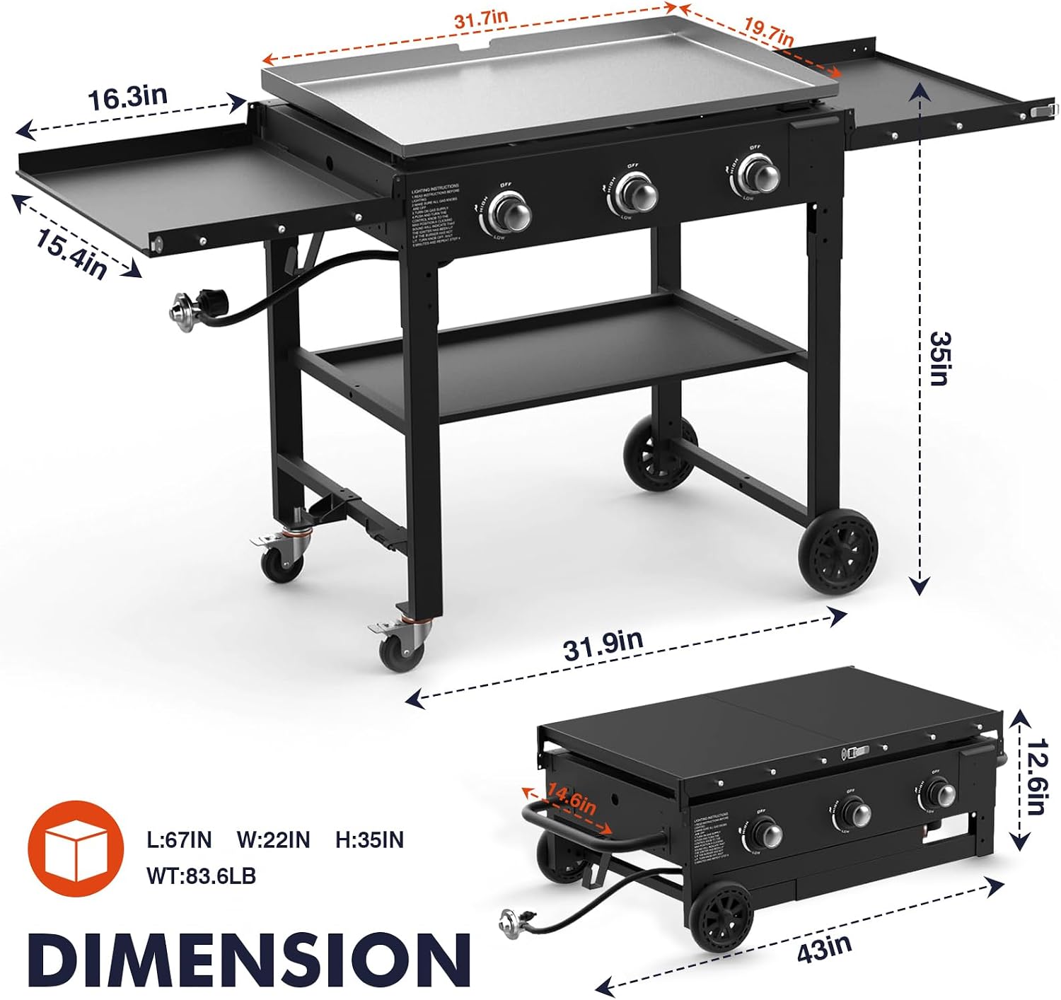 Llamaviva 3 Burner 35' Flat Top Grill with Foldable Shelves 45000 BTU Outdoor Griddle for Propane High-Pressure Systems Portable BBQ Grill