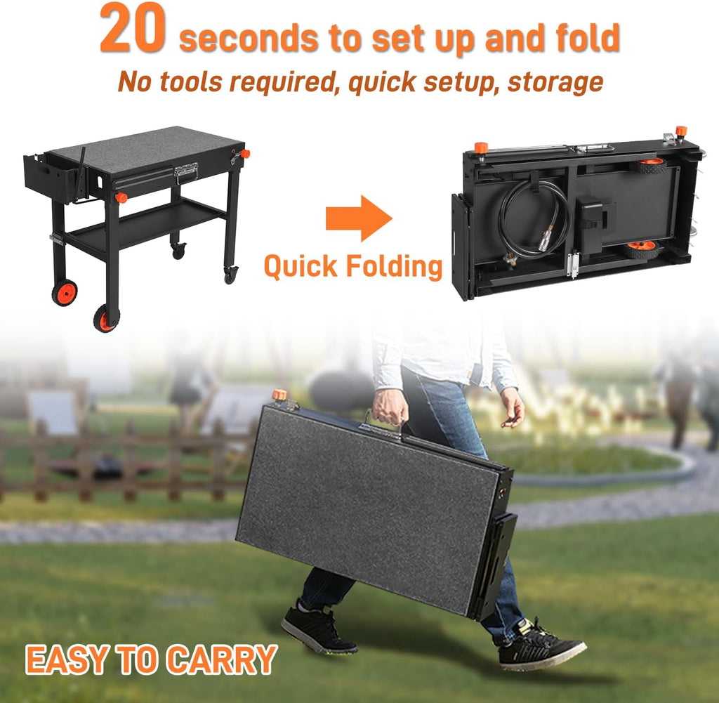 Outdoor Portable Grill Table Stand - Folding Prep Stand for 17' or 22' Blackstone Griddle, Large Space Blackstone Table with Wheels, Pizza Oven Cart for Ninja, Patio Grilling Backyard BBQ Grill Cart.