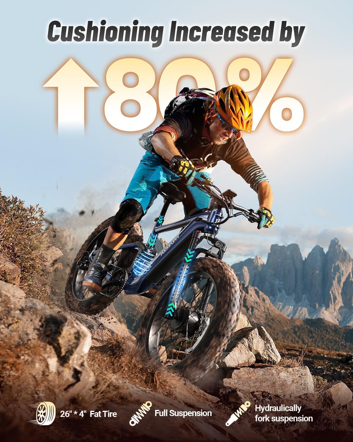PUCKIPUPPY Dual Motor Electric Bike for Adults 1600W, 48V 20AH Battery with Torque Sensor, Full Suspension, 26' Fat Tire, 28MPH, 80 Mile Range, 8 Speed Mountain Electric Bicycle Golden Retriever Pro