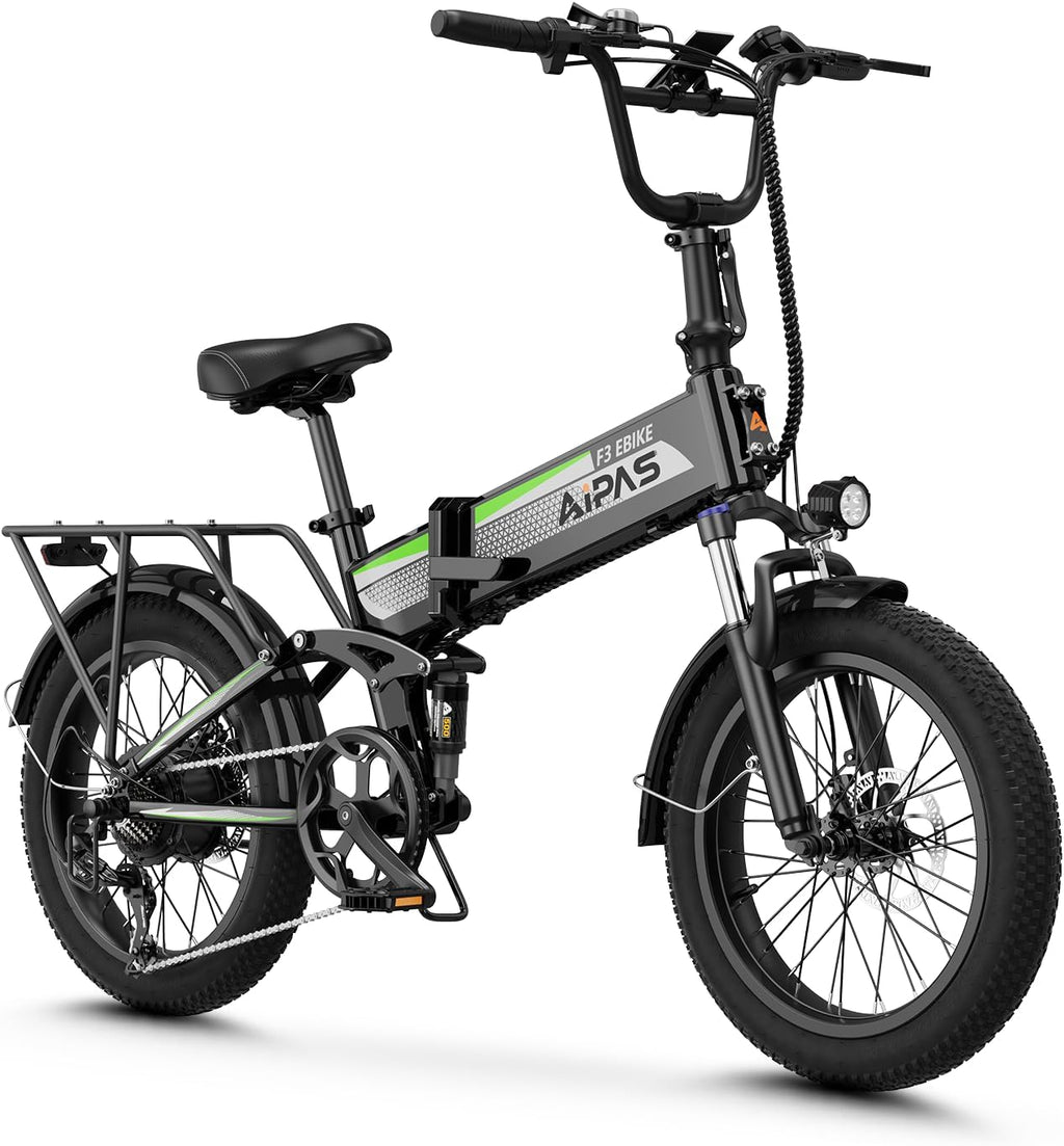Aipas F3 Electric Bike for Adults with 1500W Motor Peak, 48V 12.8Ah Removable Battery Max 62 Miles 28MPH,20' x 3.0 Fat Tire Folding Electric Bike with 7-Speed and Full Suspension.