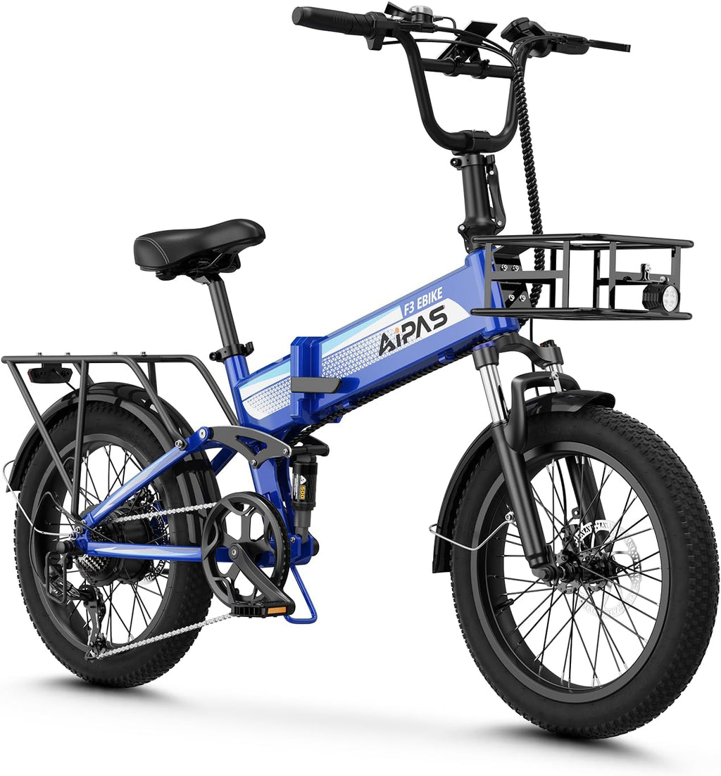 Aipas F3 Electric Bike for Adults with 1500W Motor Peak, 48V 12.8Ah Removable Battery Max 62 Miles 28MPH,20' x 3.0 Fat Tire Folding Electric Bike with 7-Speed and Full Suspension.