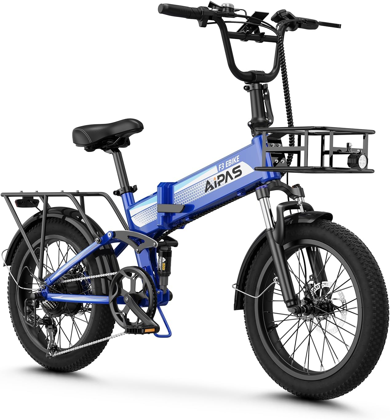 Aipas F3 Electric Bike for Adults with 1500W Motor Peak, 48V 12.8Ah Removable Battery Max 62 Miles 28MPH,20' x 3.0 Fat Tire Folding Electric Bike with 7-Speed and Full Suspension.