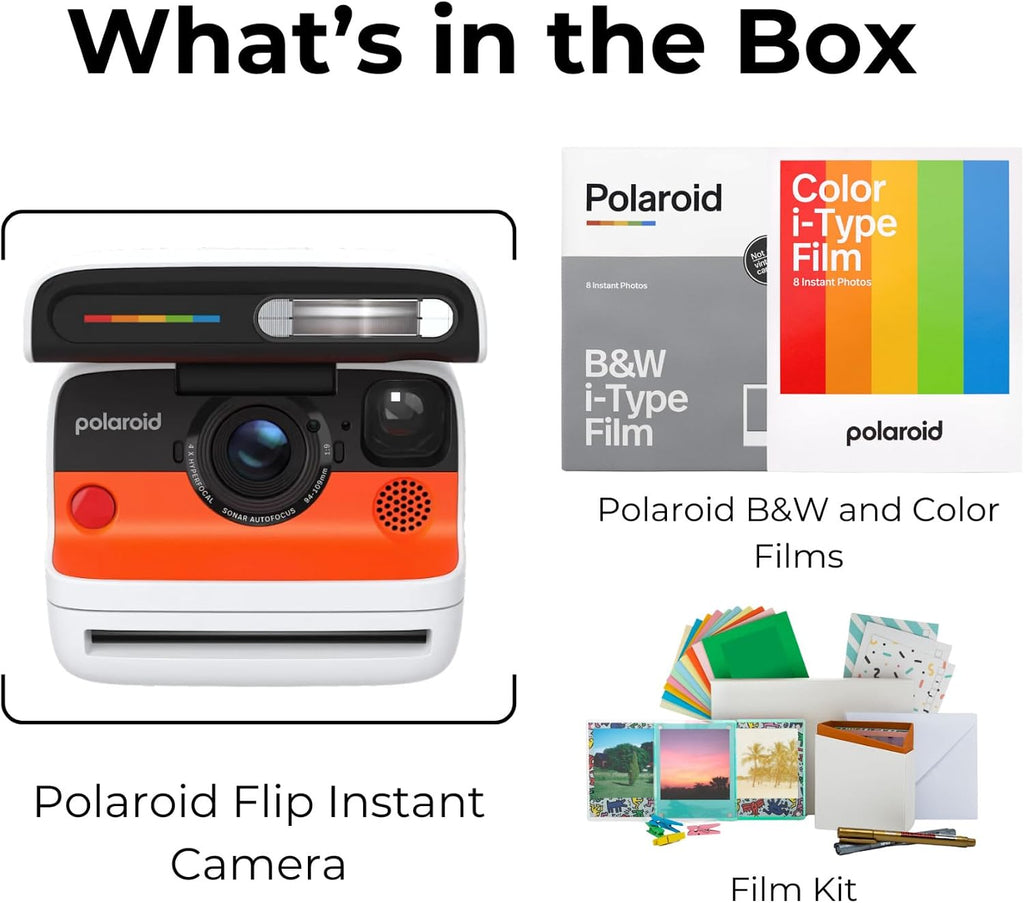 Polaroid Flip Instant Camera with Sonar Autofocus and Retro Design (White) Bundle with Color/B&W Film for i-Type and Film Kit (4 Items)