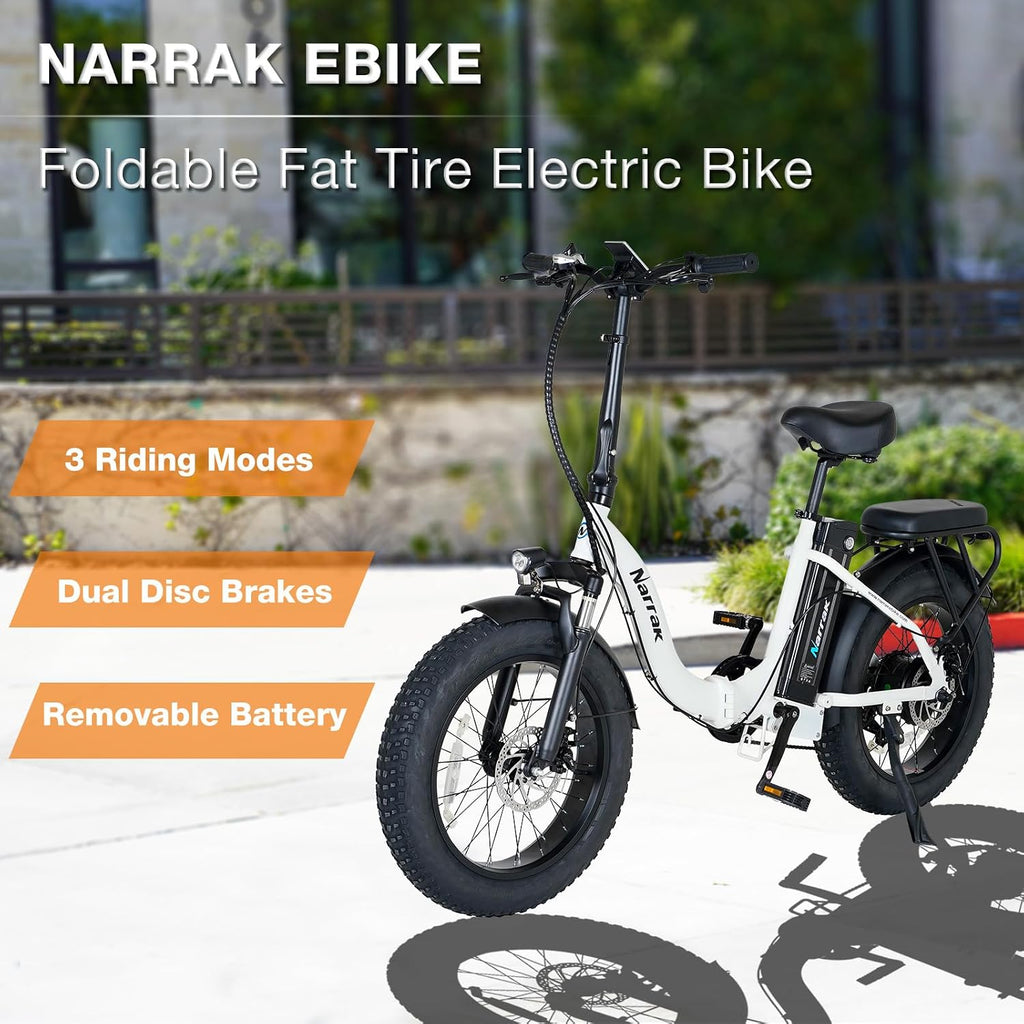NARRAK Fat Tire Folding Electric Bike, 48V & 624Wh Lithium Removable Battery, Peak 1100W Brushless Motor, Max Speed 20Mph, M5 Large LCD Display, Suspension, Step-Over/Thru Frame