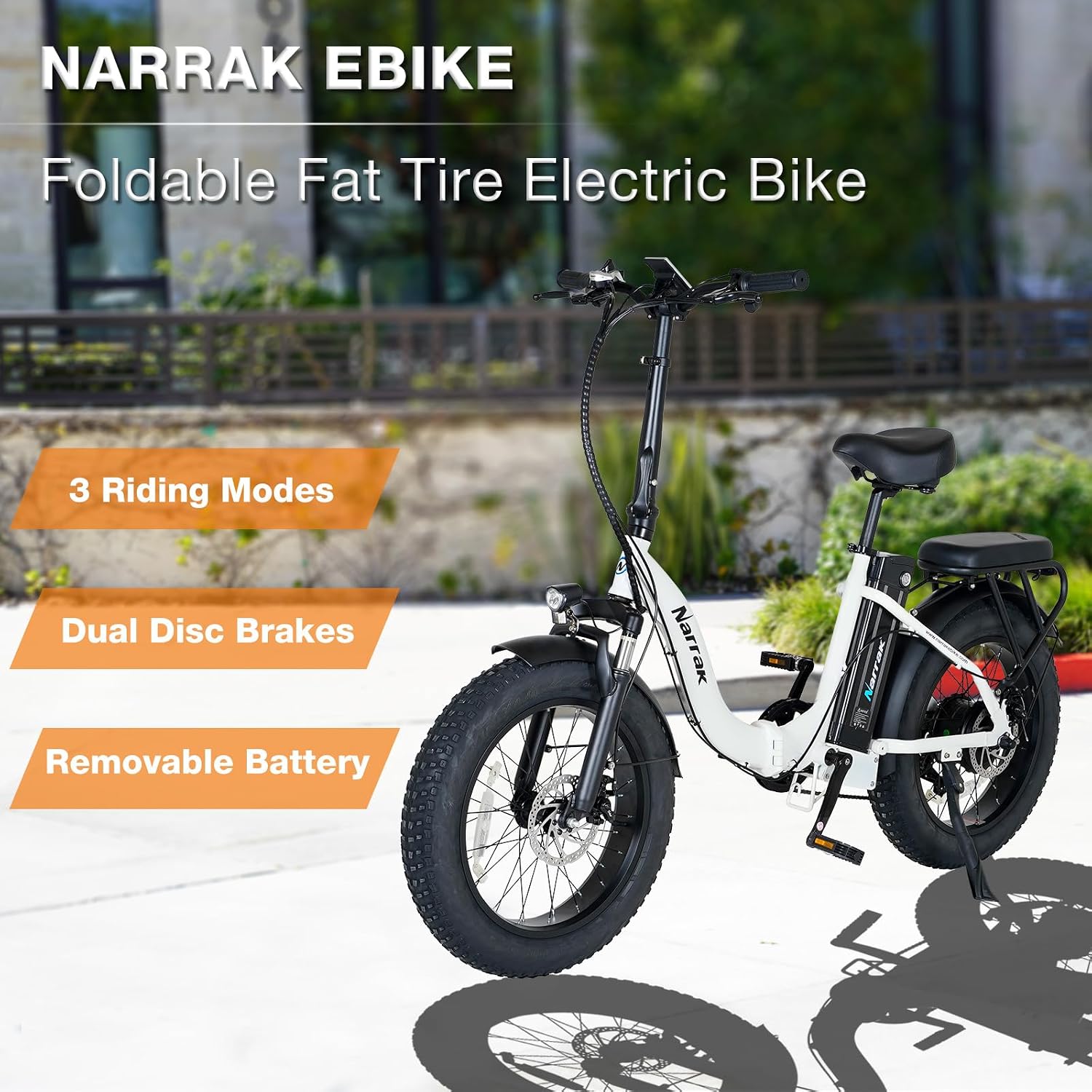 NARRAK Fat Tire Folding Electric Bike, 48V & 624Wh Lithium Removable Battery, Peak 1100W Brushless Motor, Max Speed 20Mph, M5 Large LCD Display, Suspension, Step-Over/Thru Frame