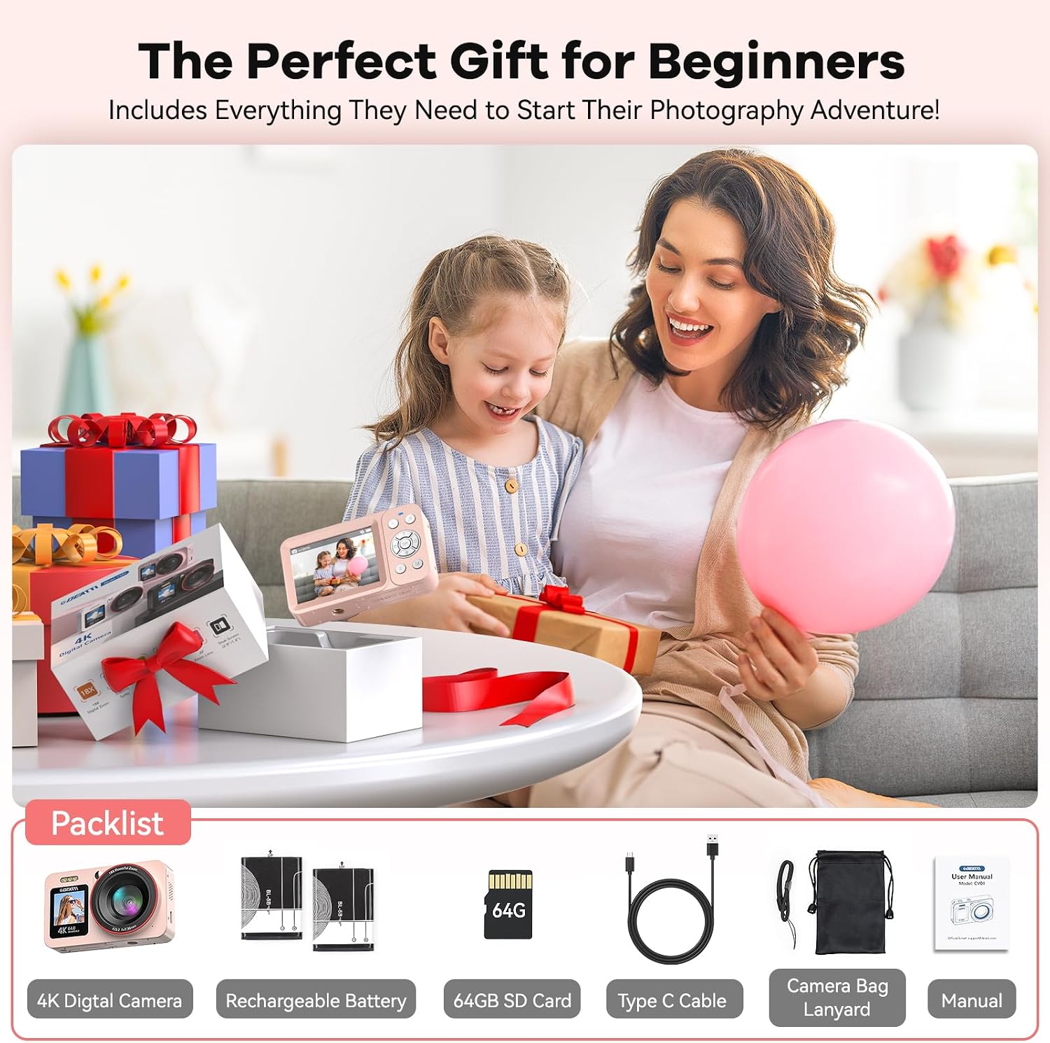 Digital Camera FHD 4K with Dual Screen 64GB SD Card 2 Batteries,18X Zoom,Anti Shake Portable Rechargeable Camera for Boys Girls Kids,Pink
