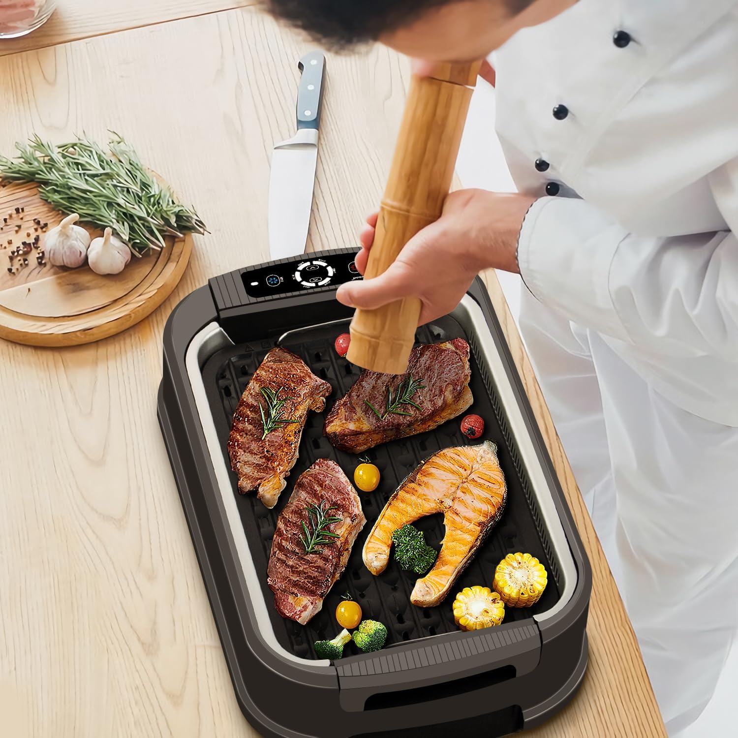 Indoor Smokeless Grill, Techwood 1500W Electric Indoor Grill with Tempered Glass Lid, Portable Non-stick BBQ Korean, Turbo Smoke Extractor Technology, Drip Tray& Double Removable Plate, Black
