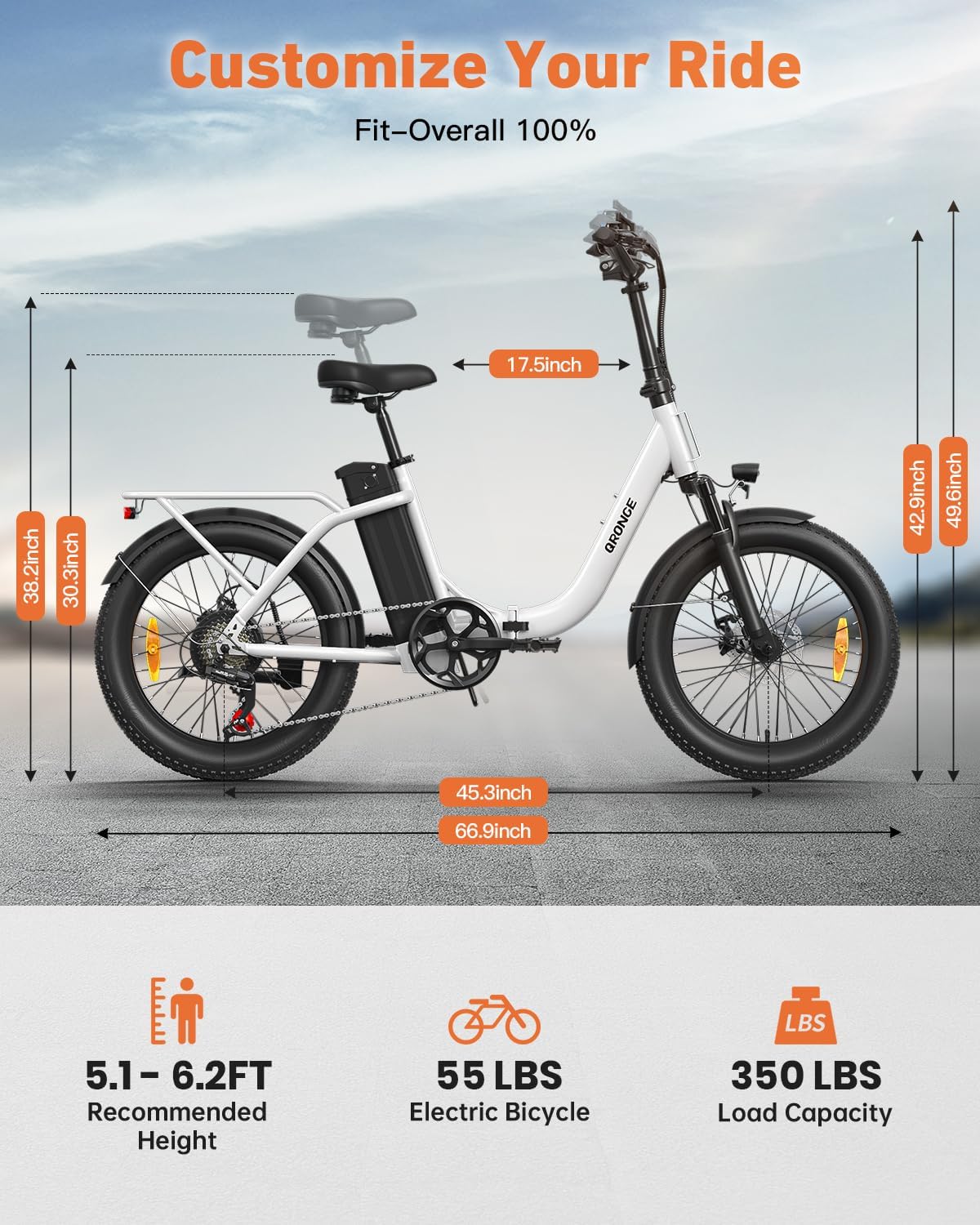 QRONGE Electric Bike, 1000W Peak Folding Electric Bike, 486Wh 70 Miles Range Ebike, 20' Step-Thru Bicycle with Front Basket, Waterproof Removable Battery, 7 Speed, 25 MPH Max