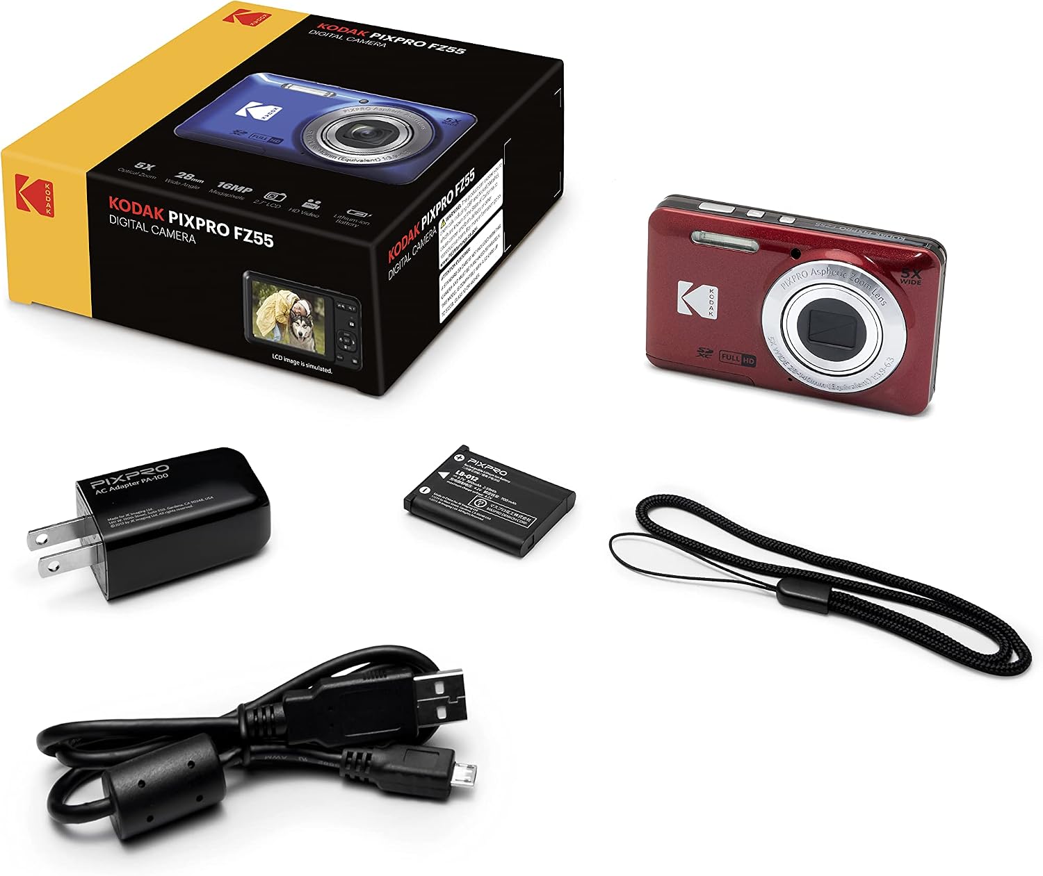 Kodak PIXPRO FZ55 Digital Camera (Red) + Point & Shoot Camera Case + Sandisk 128GB SDXC Memory Card
