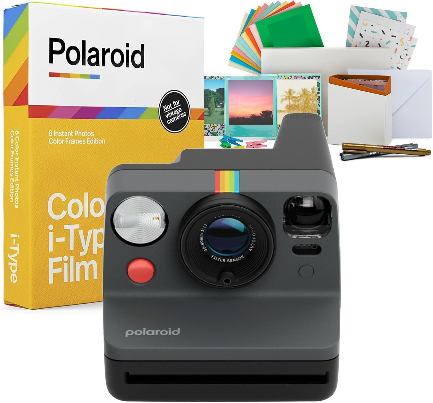 Polaroid Now Generation 3 Instant Camera with Two-Lens Autofocus System and Manual Mode (Black) Bundle with Color Film for I-Type (Color Frames Edition) (3 Items)