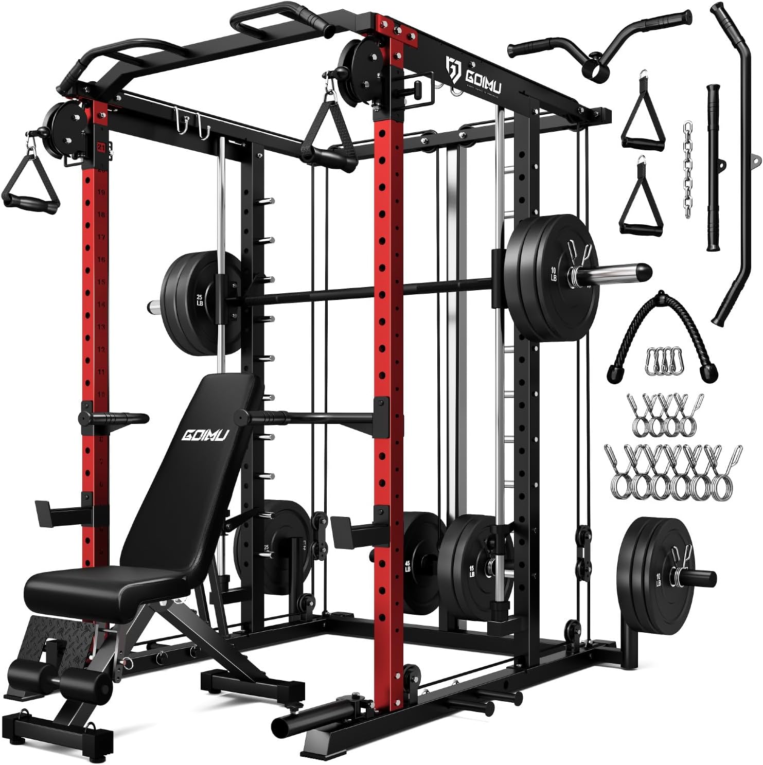 S1-V4 Smith Machine, 2000LBS Power Cage with Cable Crossover System, All-in-One Squat Rack with Smith Bar, Strength Training Equipment for Hone Gym
