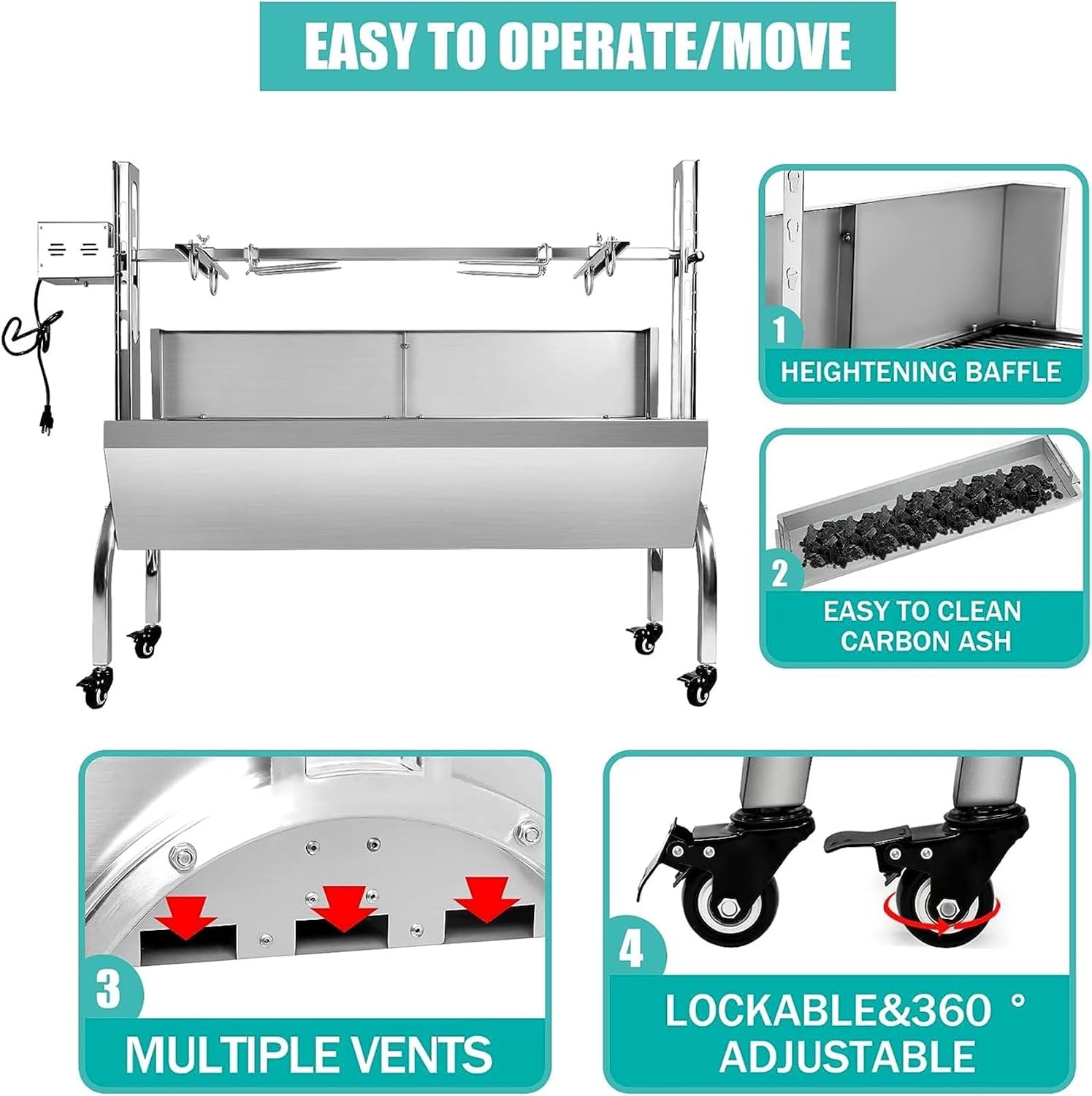 176LBS Stainless Steel Rotisserie Grill with Back Cover Guard, 25W Motor Small Pig Lamb Rotisserie Roaster, 48.7 Inch BBQ Charcoal Rotisserie Grill for Camping Outdoor Kitchen
