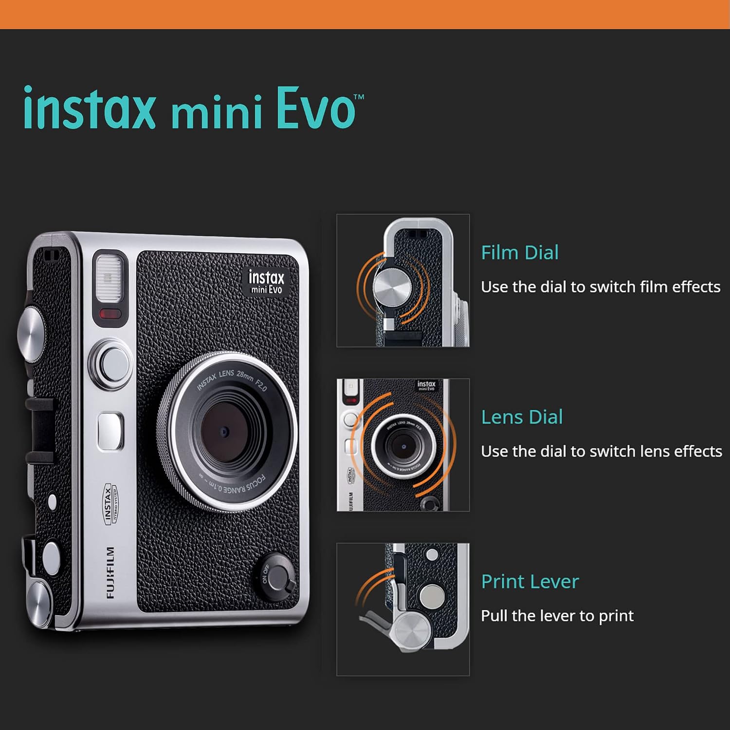 Fujifilm Instax Mini EVO Hybrid Instant Camera Bundle with Case Compatible with Fujifilm Instax Mini EVO + Fujifilm Instax Mini Twin Pack Instant Film (16437396) (Black)