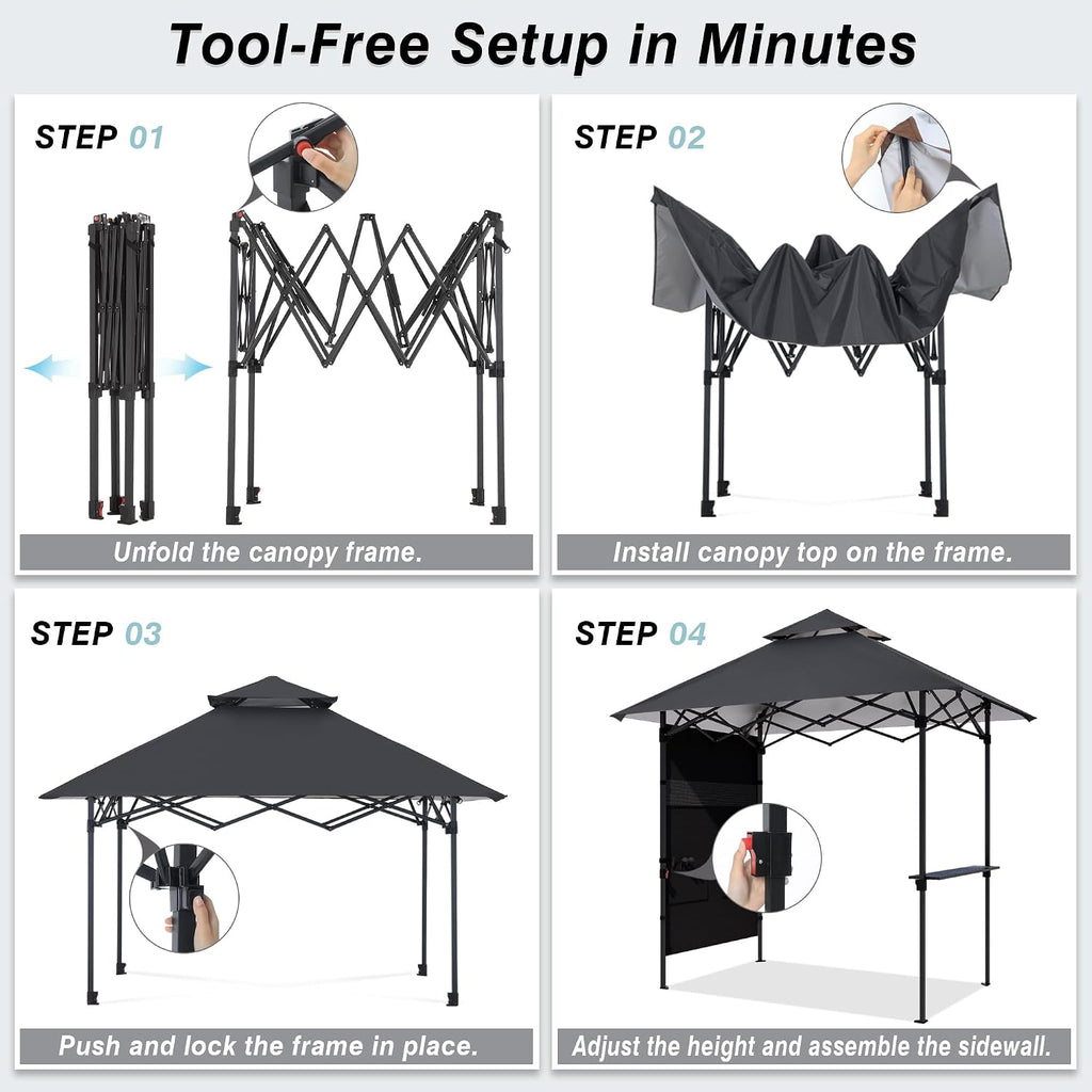 ABCCANOPY 8x5 Pop Up Grill Gazebo - Outdoor BBQ Canopy with Shelf & Sidewall, Portable Barbeque Shelter with 2 Magnetic LED Lights, Carry Bag for Patio Garden Events Picnic Grilling, Dark Gray