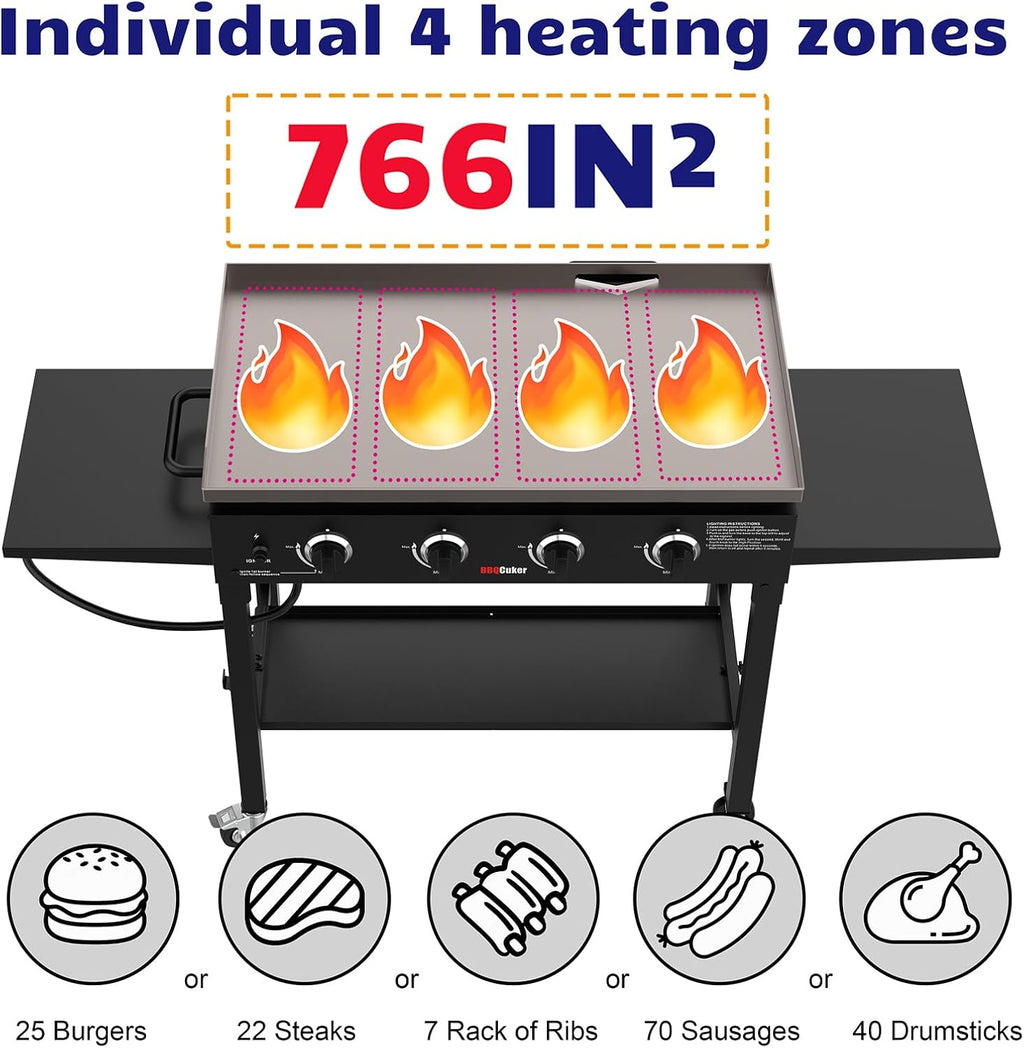 BBQCuker 4-Burner Propane Gas Griddle, 60,000 BTU Flat Top Grill with Removable Side Tables, Bottom Tray and Foldable Legs, 766 sq. in. Cooking Area, Portable Outdoor Griddle for Camping, BBQ (BLACK)