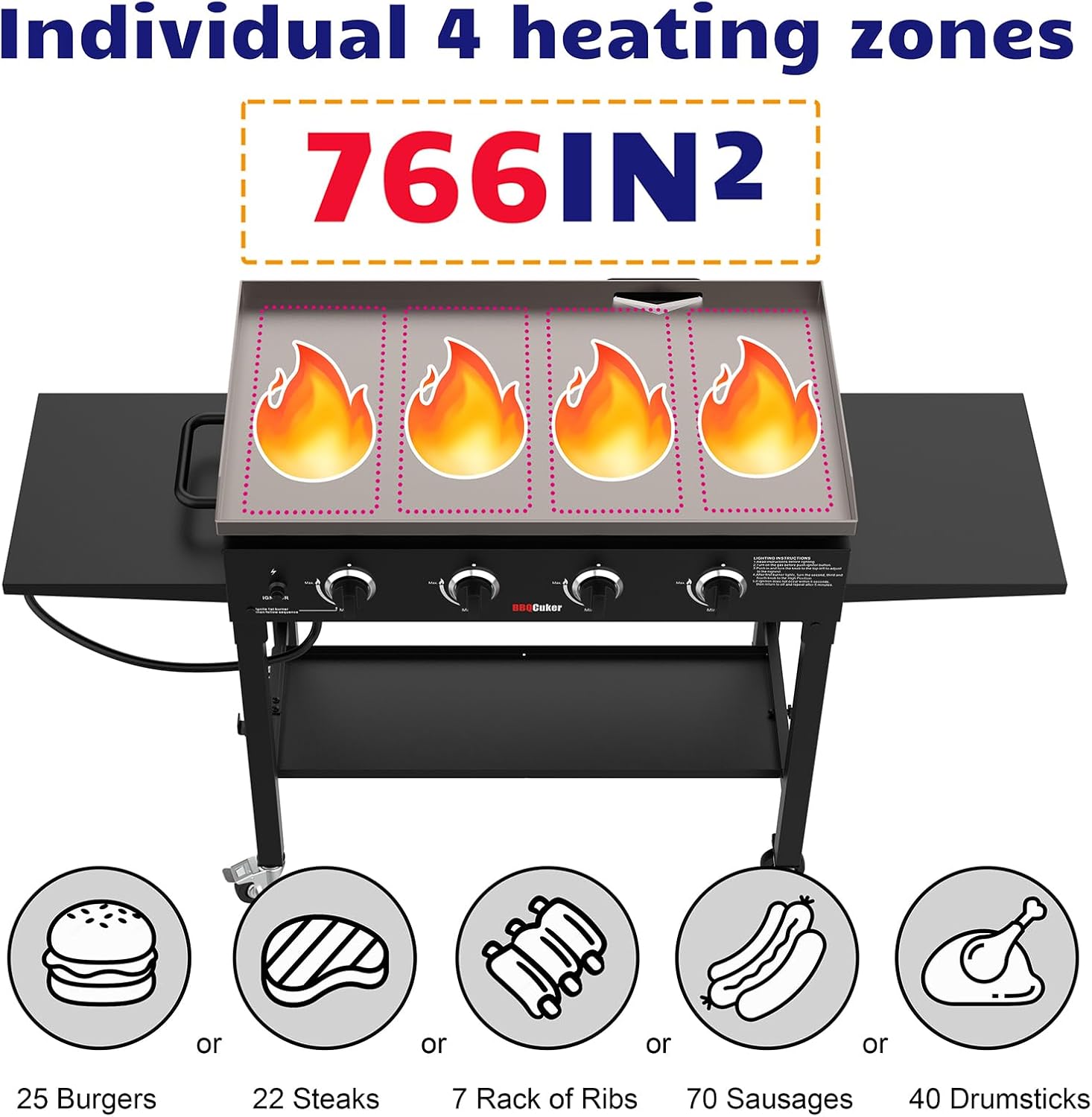 BBQCuker 4-Burner Propane Gas Griddle, 60,000 BTU Flat Top Grill with Removable Side Tables, Bottom Tray and Foldable Legs, 766 sq. in. Cooking Area, Portable Outdoor Griddle for Camping, BBQ (BLACK)