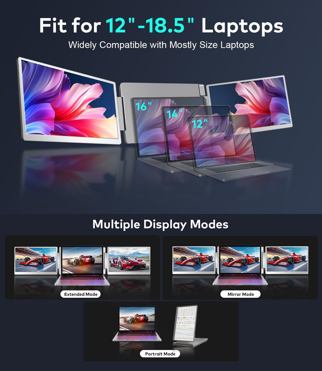 15.6' Laptop Screen Extender, Left Screen 360° Flip Triple Screen Monitor Extender, FHD 1080P IPS Portable Travel Monitor Display, fit for 12-18.5' Laptops, Compatible with Windows and MacBook-S10