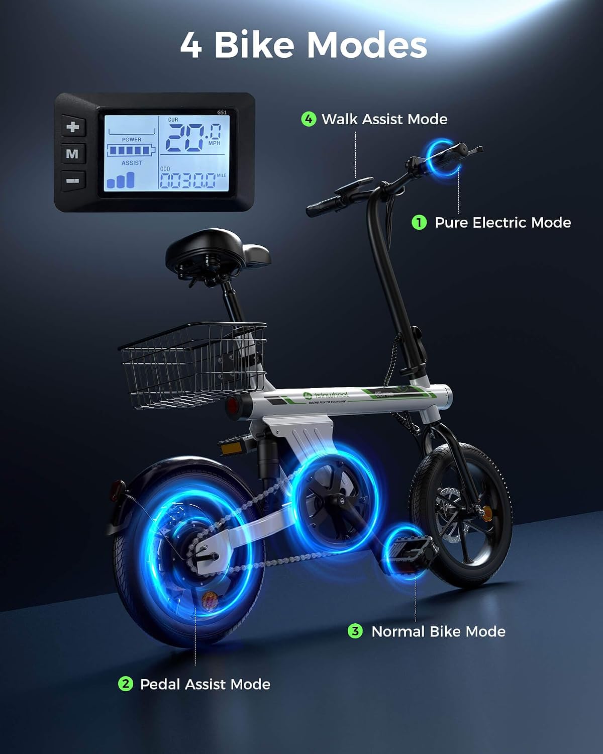 isinwheel Electric Bike for Adult 500W Motor, 20 MPH Folding Ebike, 16' Adult Electric Bicycles with Smart Uphill, 10.4Ah Battery, E Bikes for Adults and Teens