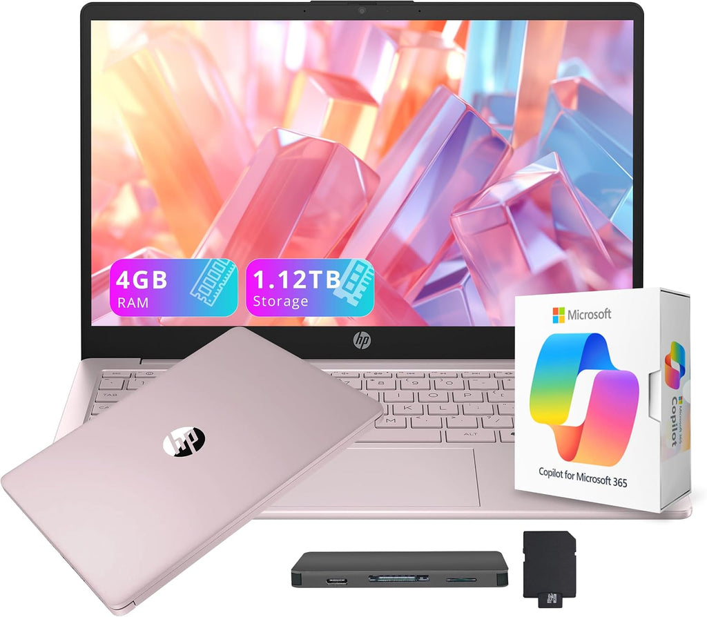 HP Flagship 14' HD Student&Business Laptop with AI Copilot, 13th Gen Intel 4-Core, 4GB RAM, 1.12TB Storage (128GB UFS + 1TB Docking Station), 1 Year Office 365, Wi-Fi 6, Win 11 S, Tranquil Pink