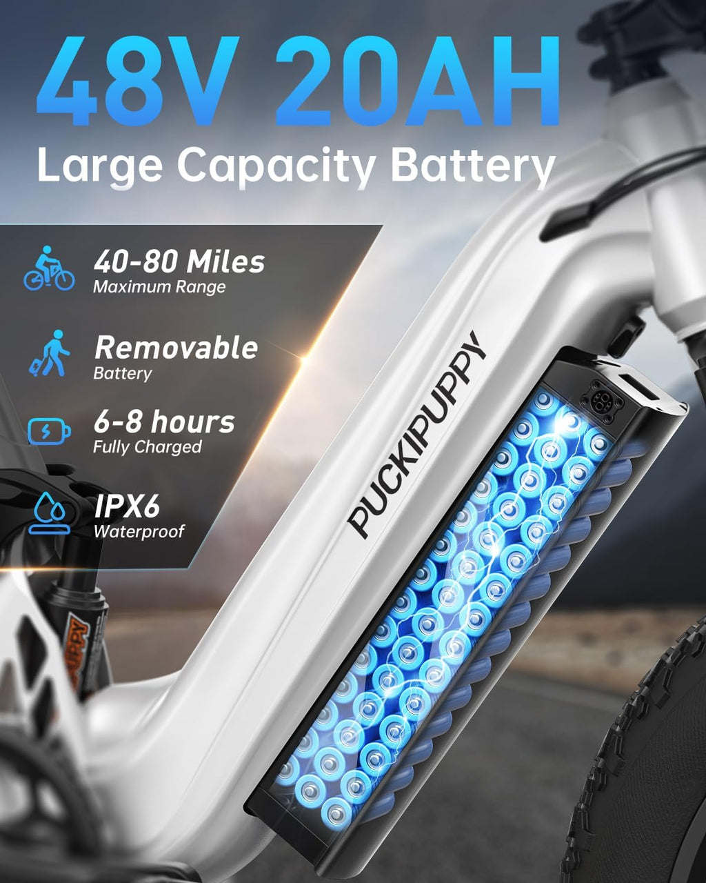 PUCKIPUPPY Electric Bike Mountain Ebike 20'' Fat Tire 7 Speed for Adults | 960W, 48V 20Ah Battery, Full Suspension, 28MPH, 80Miles Range, LCD Display