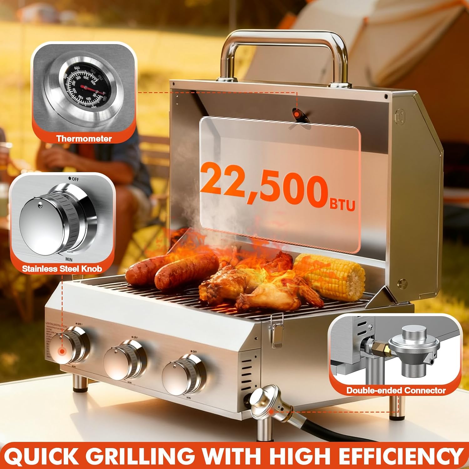 Llamaviva 3 Burner Gas Propane Grill with Dual Fuel Adapter,22500 BTU Stainless Steel Tabletop Portable Grill for Outdoor Barbecue Camping Cooking RV