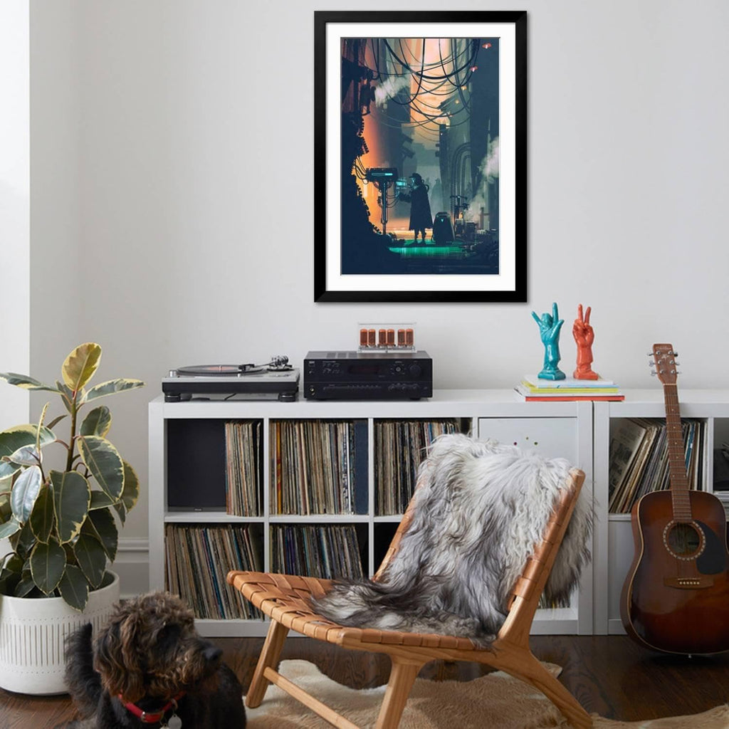 ART.COM Wall Art Print Sci-Fi Scene of Robot Using Futuristic Computer in City Street,Illustration Painting on Black Frame by Tithi Luadthong, 32' x 44'