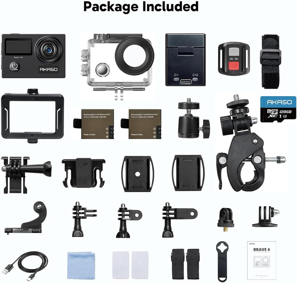 AKASO Brave 4 Action Camera with 128GB Micro SD U3 Card 4K30FPS 20MP Ultra HD 131FT Waterproof Underwater Camera EIS WiFi Remote Control 5X Zoom Sport Camera with Motorcycle Bicycle Accessories Kit