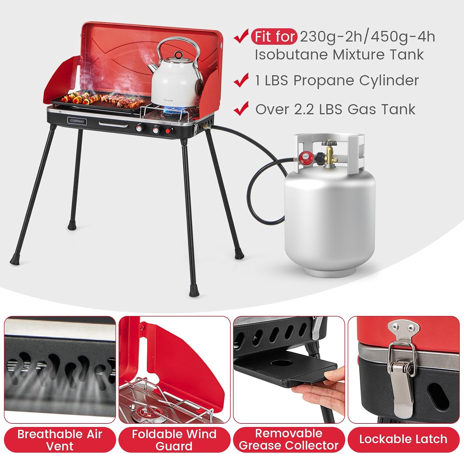 HAPPYGRILL Portable Camping Stove, 2-Burner Propane Grill Cooker with Removable Leg Stand, Roast Grill, Dual Control Knobs, Wind Guards, Outdoor Gas Grill for Camping BBQ Picnic, Red