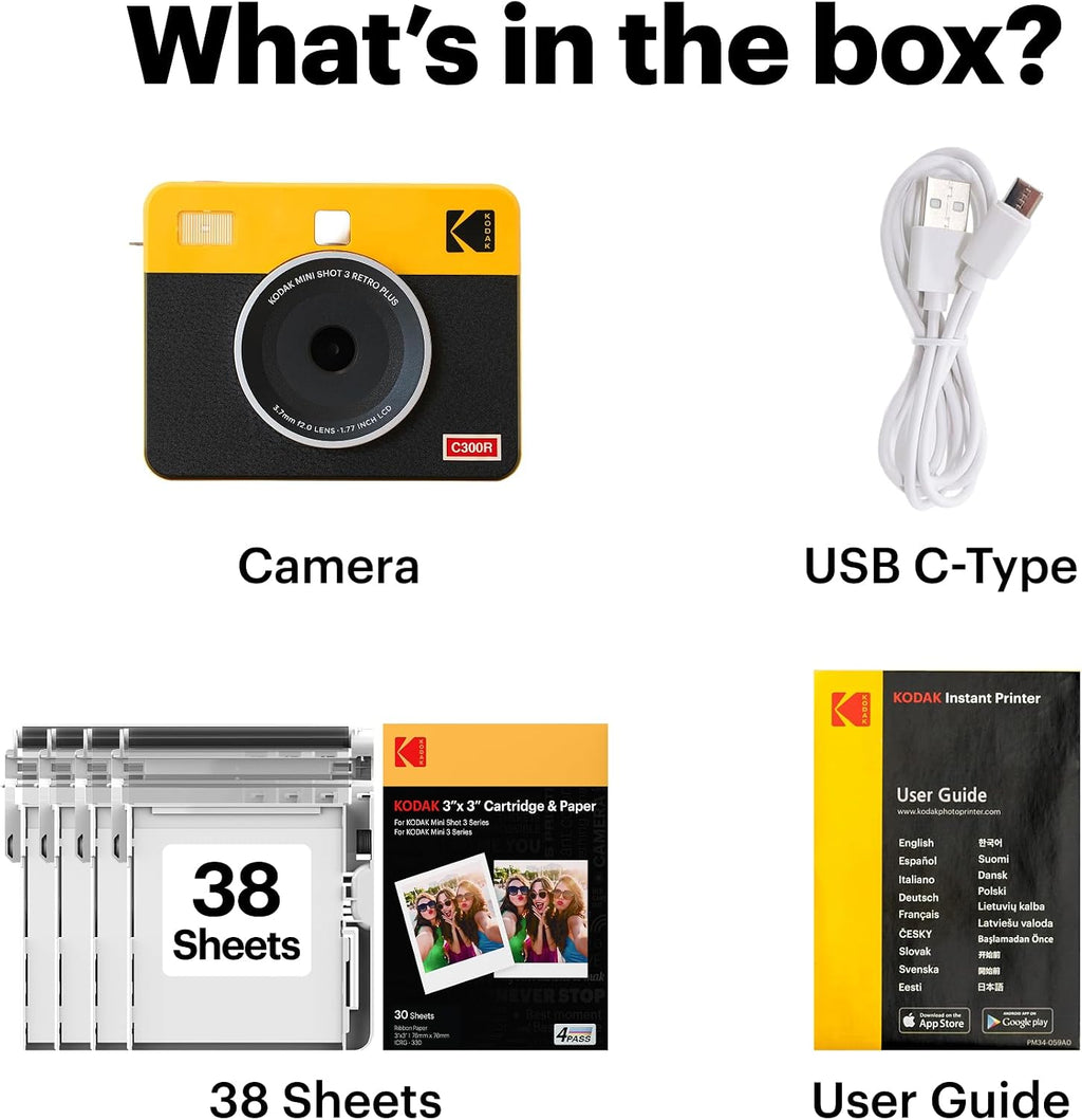 KODAK Mini Shot 3 Retro 3x3' Instant Digital Camera & Photo Printer, 38 Sheets, 2-in-1 Portable Print Camera, Bluetooth Smartphone Printer for iOS & Android, 4PASS Dye Sublimation, White