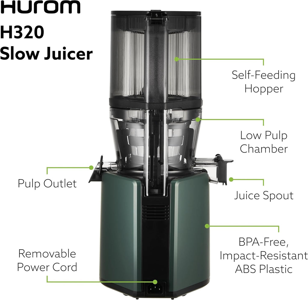 Hurom H320 Cold Press Juicer Machine, Easy to Clean Masticating Slow Juicer, Coarse Strainers, Self-Feeding, Hands Free, Family Size, Quiet Motor, Easy Assembly (Kale/Dark Green)