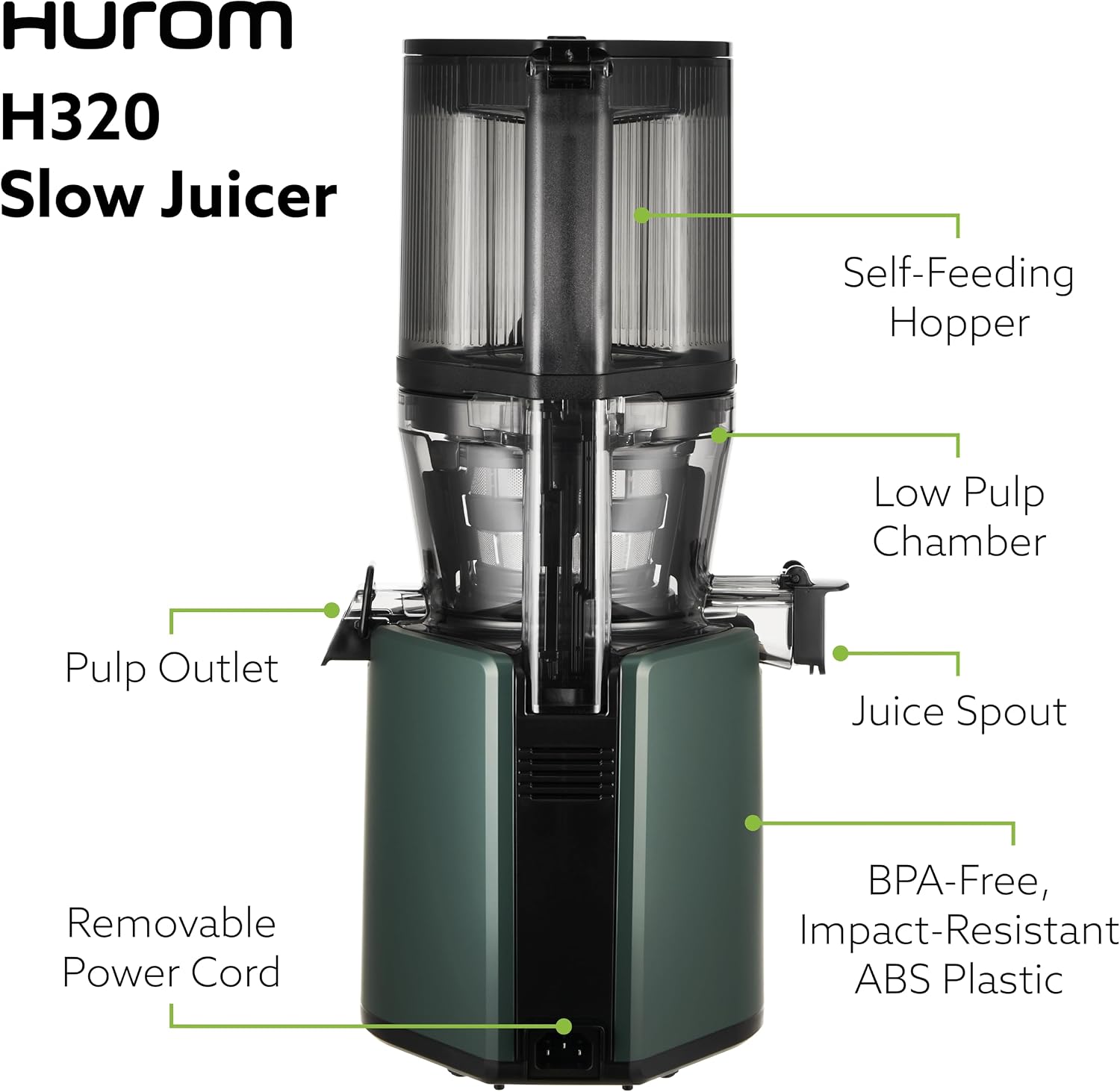 Hurom H320 Cold Press Juicer Machine, Easy to Clean Masticating Slow Juicer, Coarse Strainers, Self-Feeding, Hands Free, Family Size, Quiet Motor, Easy Assembly (Kale/Dark Green)