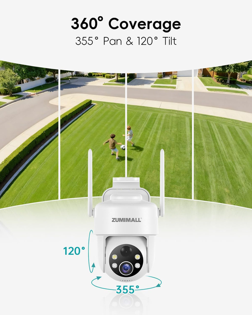 ZUMIMALL 2K Solar Security Cameras Wireless Outdoor 2-Pack, 360° PTZ Camera for Home Security with Color Night Vision, Flexible Mount, PIR Motion, 2-Way Talk, Free Cloud Storage, Work with Cloudedge