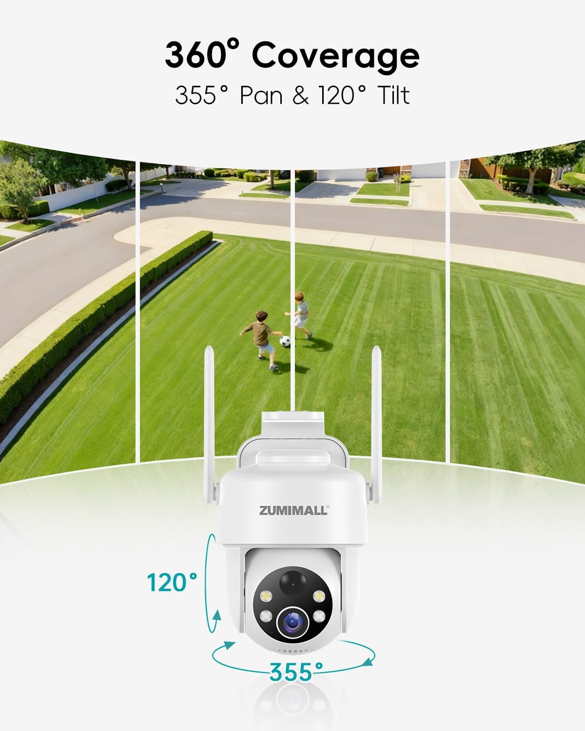 ZUMIMALL 2K Solar Security Cameras Wireless Outdoor 2-Pack, 360° PTZ Camera for Home Security with Color Night Vision, Flexible Mount, PIR Motion, 2-Way Talk, Free Cloud Storage, Work with Cloudedge